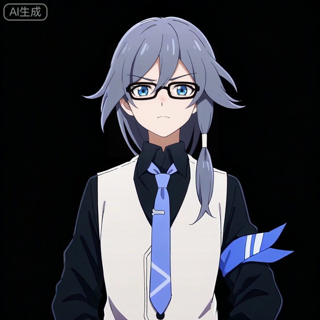 masterpiece, best quality,solo,((white background:1.2)),simple background,, 
looking at viewer,anime_style,fu_hua,blue eyes,grey hair,hair ornament,hair between eyes,blue armband,white vest,collared shirt,black pants,black footwear,black shirt,white belt,black-framed eyewear,blue necktie,necktie,eyebrows visible through hair,glasses,black gloves,bespectacled