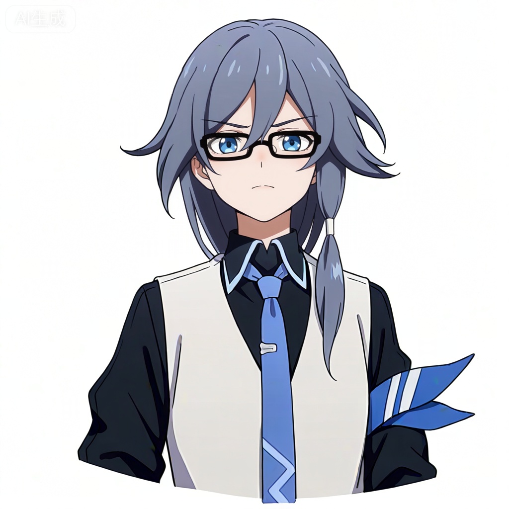 masterpiece, best quality,solo,((white background:1.2)),simple background,, 
looking at viewer,anime_style,fu_hua,blue eyes,grey hair,hair ornament,hair between eyes,blue armband,white vest,collared shirt,black pants,black footwear,black shirt,white belt,black-framed eyewear,blue necktie,necktie,eyebrows visible through hair,glasses,black gloves,bespectacled