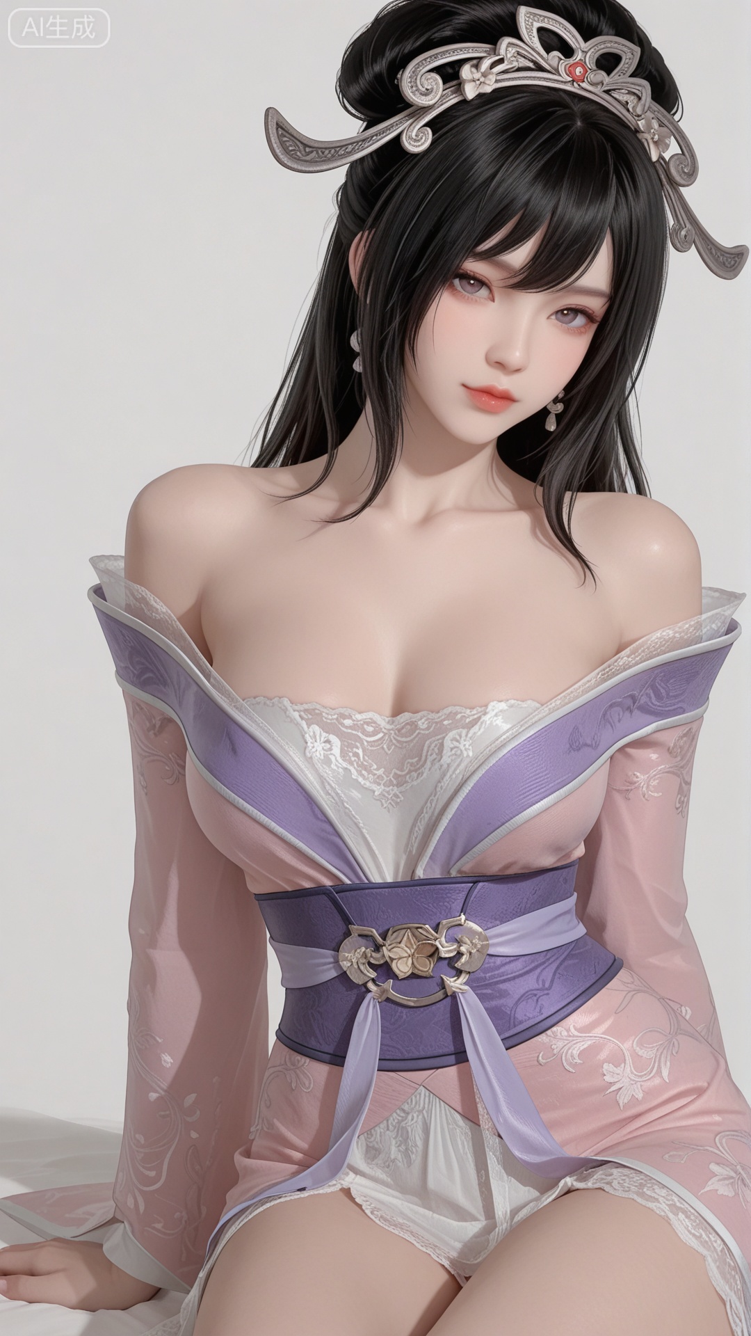 HL clothes, solo, exquisite skin, sitting, looking at viewer, even illumination, very awa, simple background,