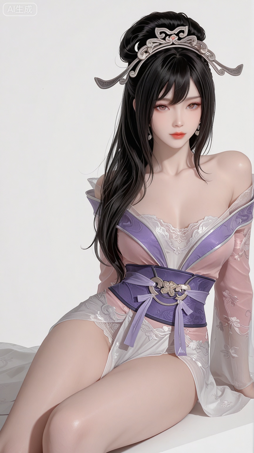 HL clothes, solo, exquisite skin, sitting, looking at viewer, even illumination, very awa, simple background,