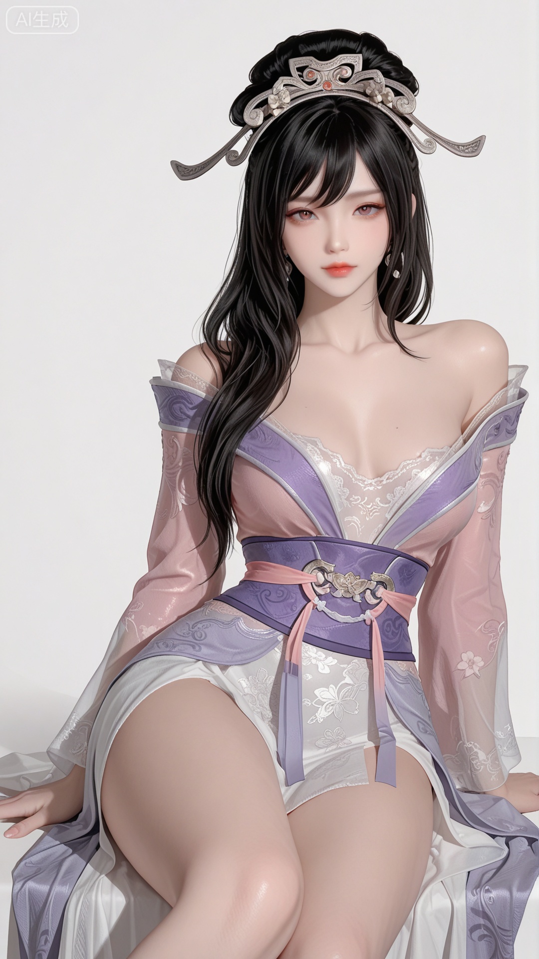 HL clothes, solo, exquisite skin, sitting, looking at viewer, even illumination, very awa, simple background,