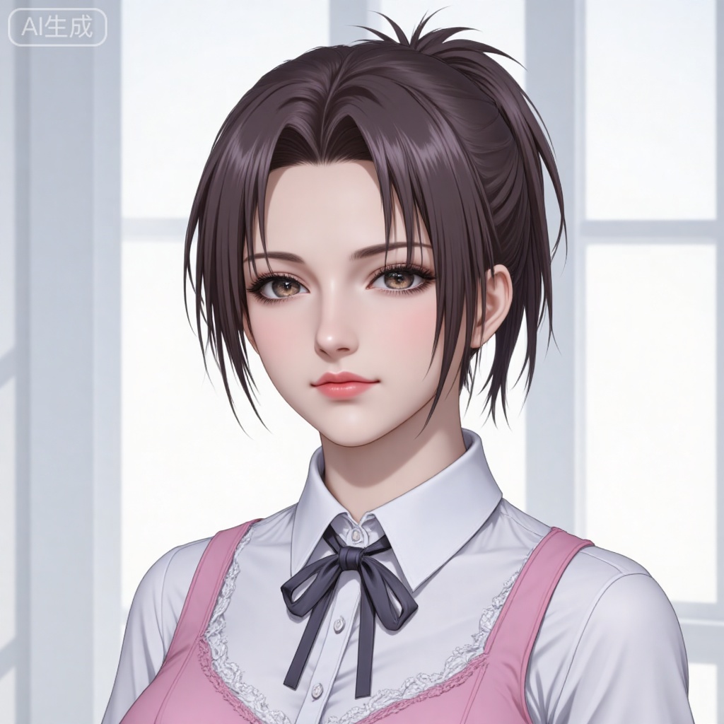 1girl, solo, breasts, short hair, brown hair, ribbon, brown eyes, upper body, ponytail, lips, window