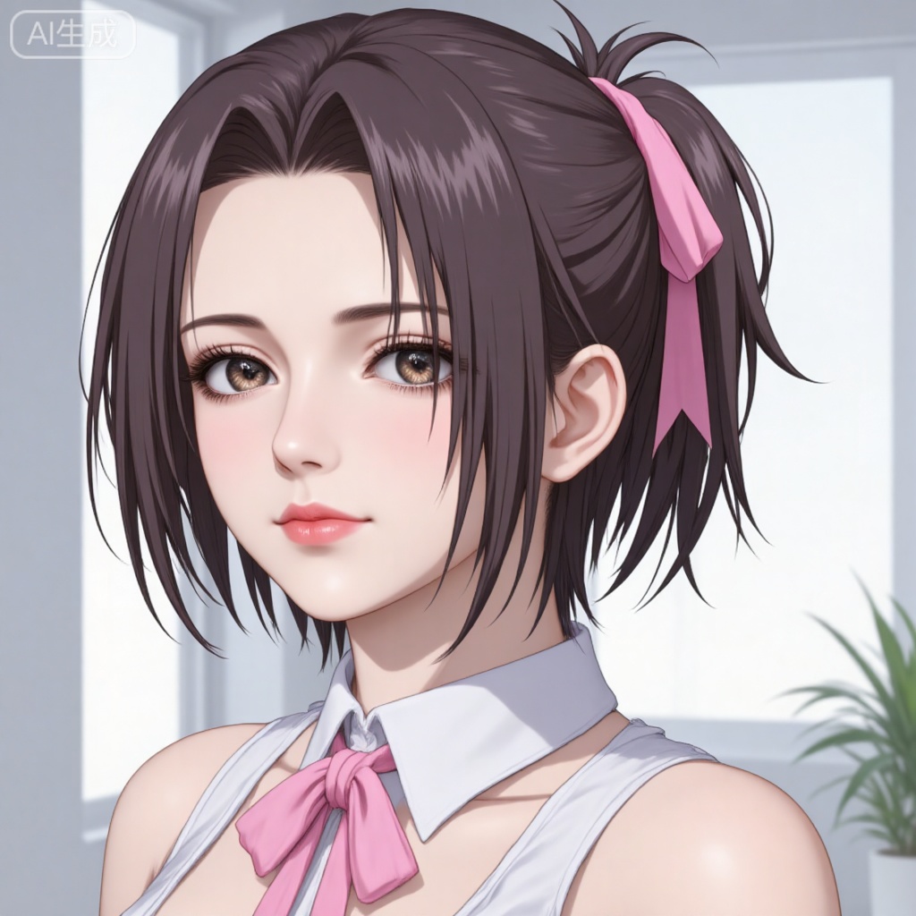 1girl, solo, breasts, short hair, brown hair, ribbon, brown eyes, upper body, ponytail, lips, window