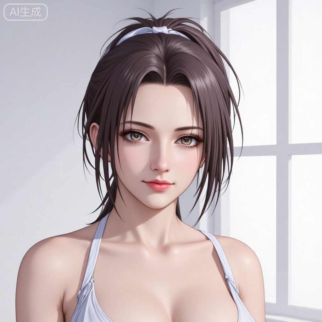 1girl, solo, breasts, short hair, brown hair, ribbon, brown eyes, upper body, ponytail, lips, window