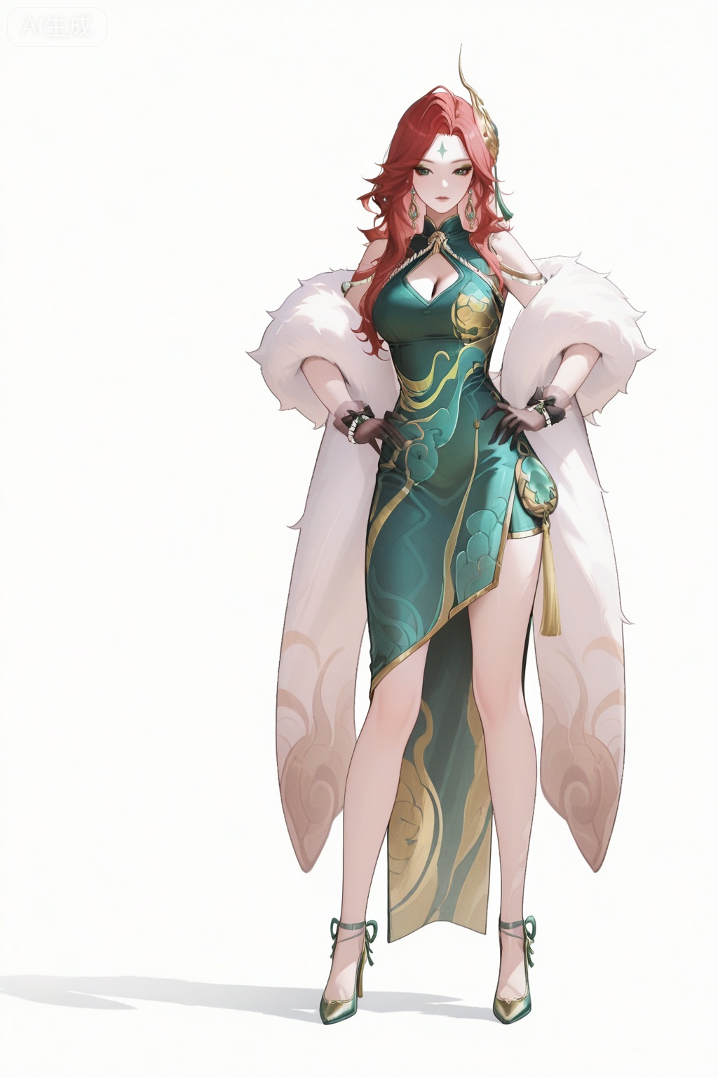 1girl,standing,white background,hands on hip,separated legs,fmly,solo,red-pink long hair,green eyes,eyeshadow,long hair,makeup,facial mark,forehead mark,jewelry,earrings,hair ornament,breasts,cleavage,dress,green dress,china dress,clothing cutout,cleavage cutout,white fur shawl,waist pendant,tassel,see-through ribbon,black gloves,see-through gloves,bow gloves,pearl bracelet,pearl,ornate high heels,gold trim high heels,foot decoration,bare legs,