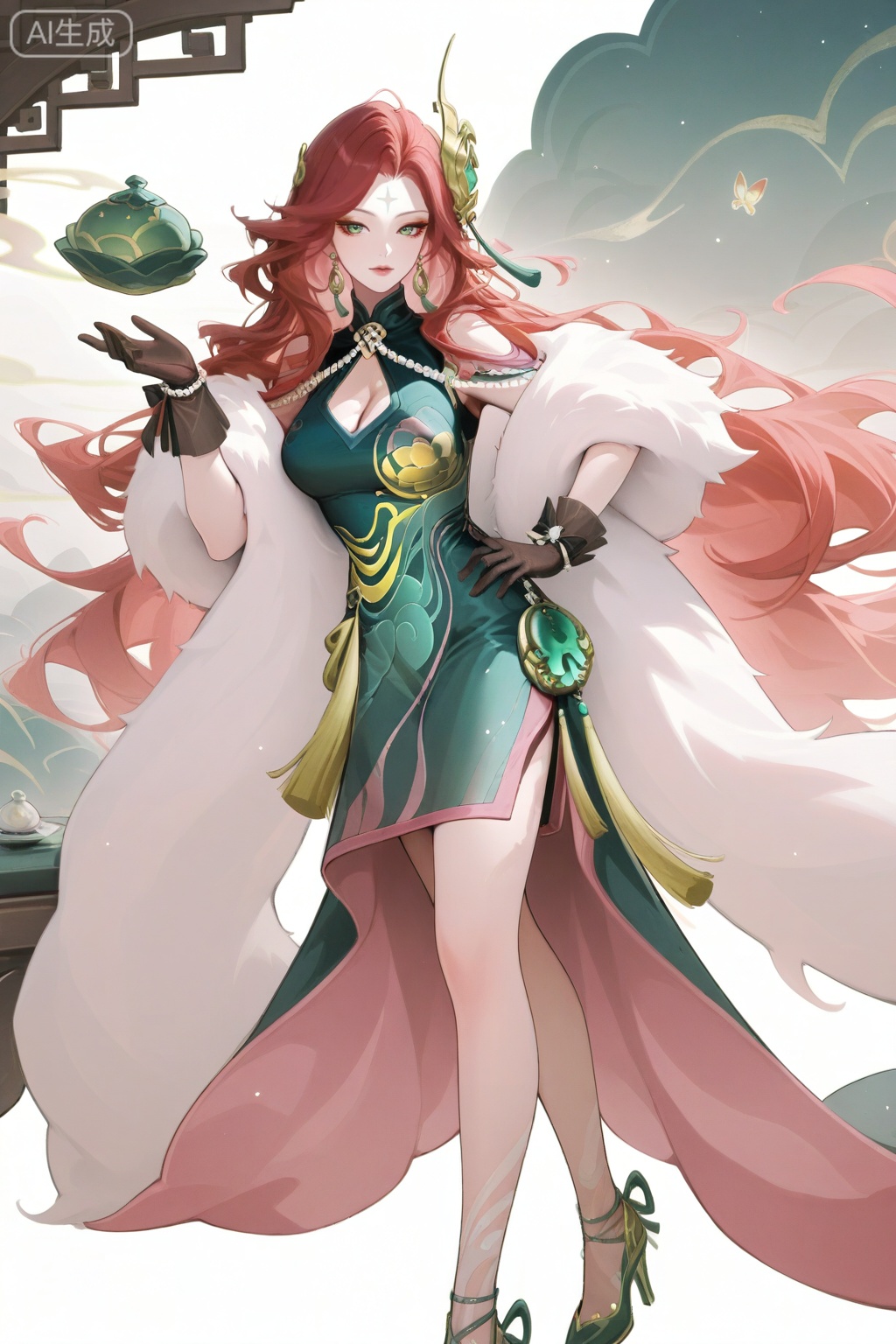 1girl,standing,white background,hand on hip,elbow rest,fmly,solo,red-pink long hair,green eyes,eyeshadow,long hair,makeup,facial mark,forehead mark,jewelry,earrings,hair ornament,breasts,cleavage,dress,green dress,china dress,clothing cutout,cleavage cutout,white fur shawl,waist pendant,tassel,see-through ribbon,black gloves,see-through gloves,bow gloves,pearl bracelet,pearl,ornate high heels,gold trim high heels,foot decoration,bare legs,