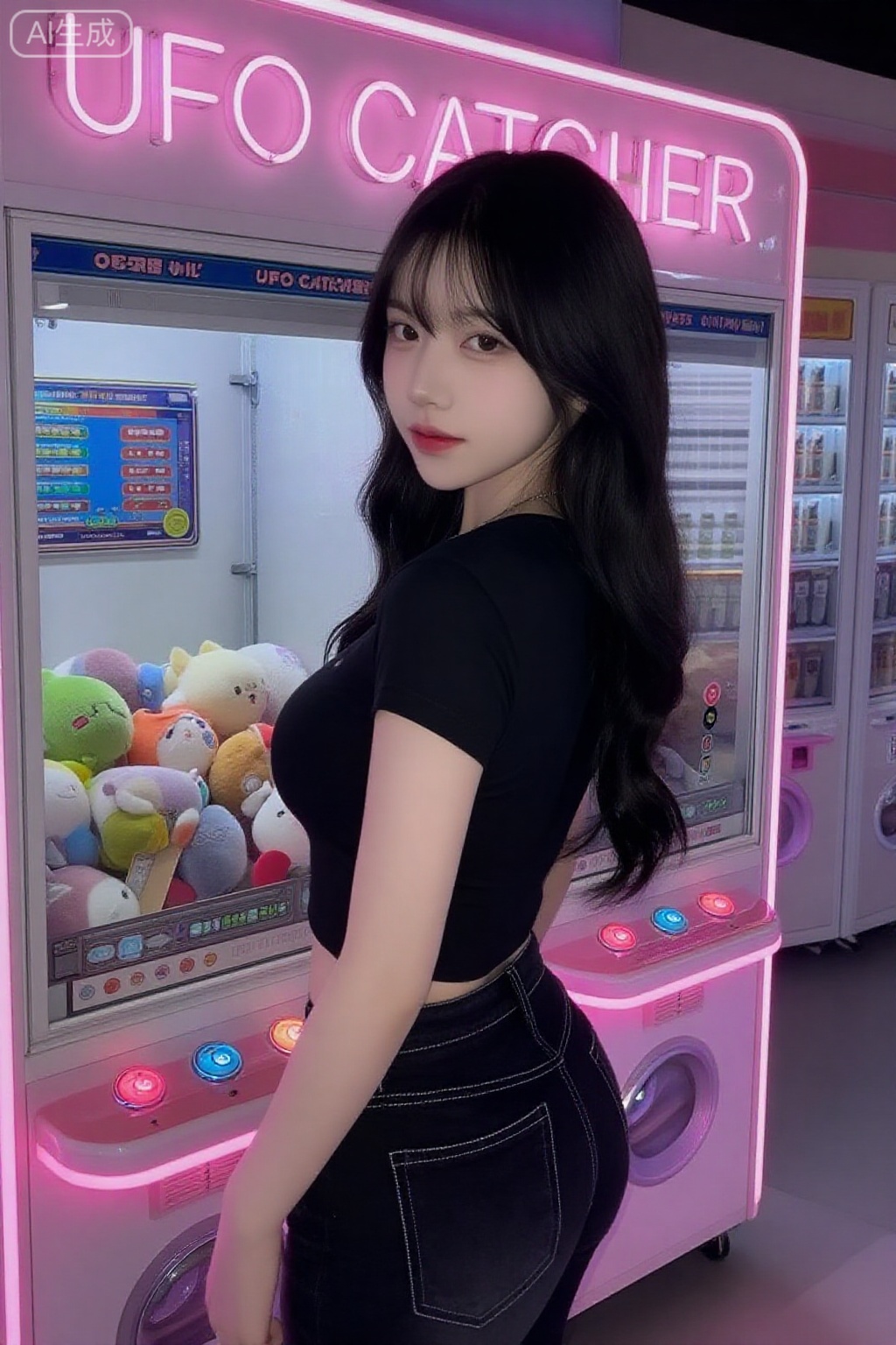 一位留着黑色长发、皮肤白皙的亚洲女性站在灯火通明的UFO 捕手机前。她穿着一件紧身黑色T 恤,凸显了她中等大小的胸部,下身穿着带有白色缝线的高腰深色牛仔裤。她的妆容包括红色唇膏和微妙的眼影。 UFO 捕手机贴有彩色贴纸和游戏说明,里面有各种毛绒玩具。该机器有一个粉红色的霓虹灯标志,上面写着“UFO CATCHER”,底部有多个按钮和控件。背景包括白色的墙壁和额外的自动售货机。该场景似乎是一个游乐场或游戏中心。