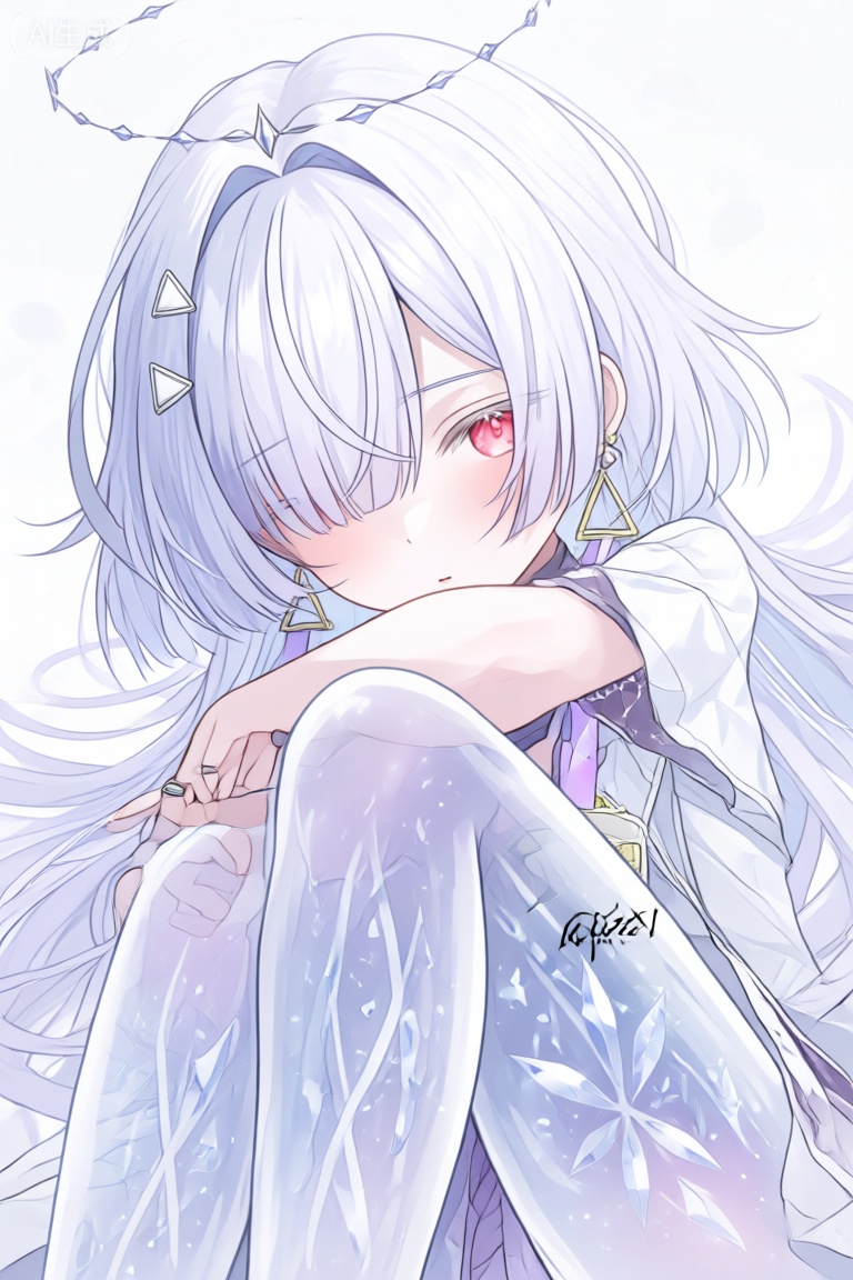 Create a detailed illustration of a 1 girl with white, flowing hair reaching her waist and striking red eyes. She wears a hairclip and has a halo around her head, giving her an ethereal appearance. Her ears are adorned with elegant earrings. The girl’s legs are depicted in a transparent thigh style, revealing the intricate crystal patterns on her skin. A subtle black tacet mark is placed on her thigh, adding a touch of mystery. The overall aesthetic should have a fairy-like quality, with soft, glowing lighting and a serene, magical atmosphere.