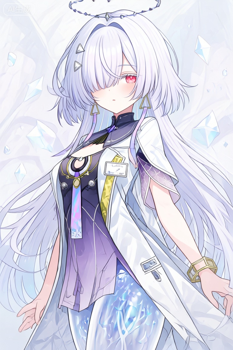 1 girl, white hair, long hair, red eyes, hairclip, halo, earrings, transparent thigh, black tacet mark, crystal pattern
