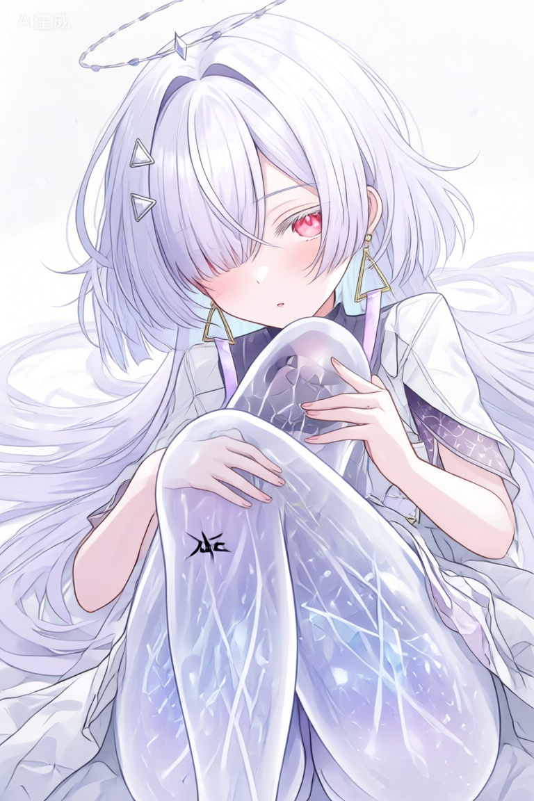 Create a detailed illustration of a 1 girl with white, flowing hair reaching her waist and striking red eyes. She wears a hairclip and has a halo around her head, giving her an ethereal appearance. Her ears are adorned with elegant earrings. The girl’s legs are depicted in a transparent thigh style, revealing the intricate crystal patterns on her skin. A subtle black tacet mark is placed on her thigh, adding a touch of mystery. The overall aesthetic should have a fairy-like quality, with soft, glowing lighting and a serene, magical atmosphere.