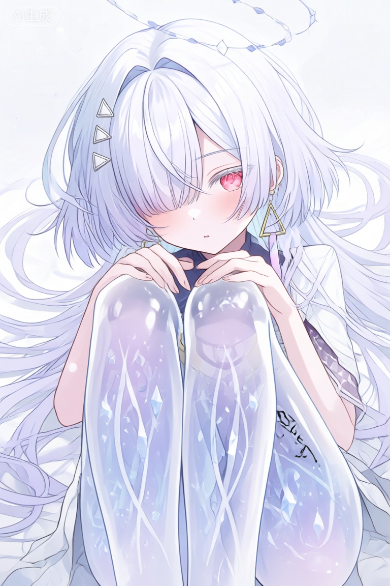 Create a detailed illustration of a 1 girl with white, flowing hair reaching her waist and striking red eyes. She wears a hairclip and has a halo around her head, giving her an ethereal appearance. Her ears are adorned with elegant earrings. The girl’s legs are depicted in a transparent thigh style, revealing the intricate crystal patterns on her skin. A subtle black tacet mark is placed on her thigh, adding a touch of mystery. The overall aesthetic should have a fairy-like quality, with soft, glowing lighting and a serene, magical atmosphere.