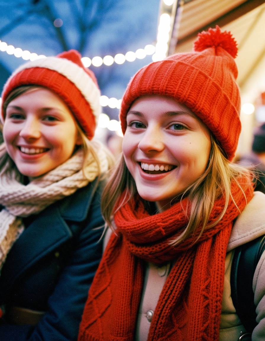ehdigitalcamera,  girl laughing with friends at christmas market,  wool hat and scarf on Tensor.Art