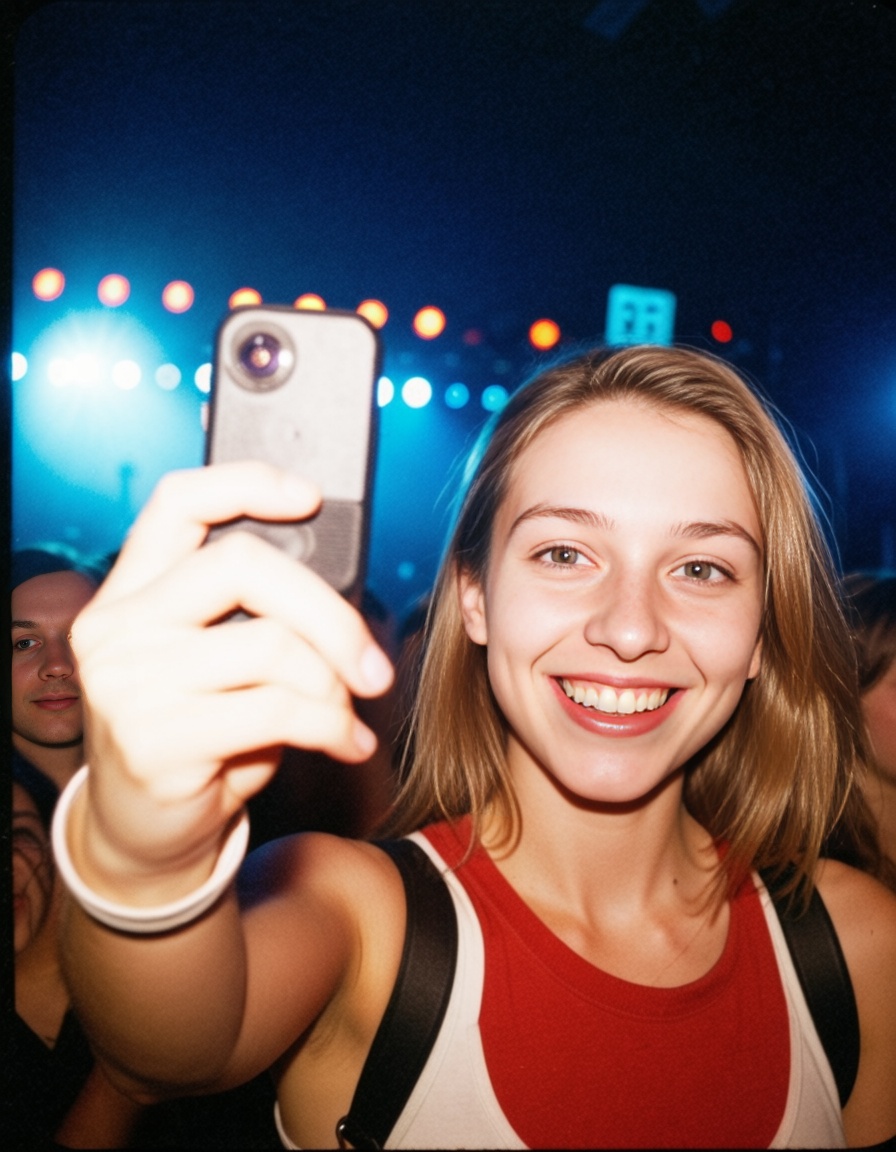 ehdigitalcamera,  girl at concert taking selfie with stage lights,  excited wide smile on Tensor.Art