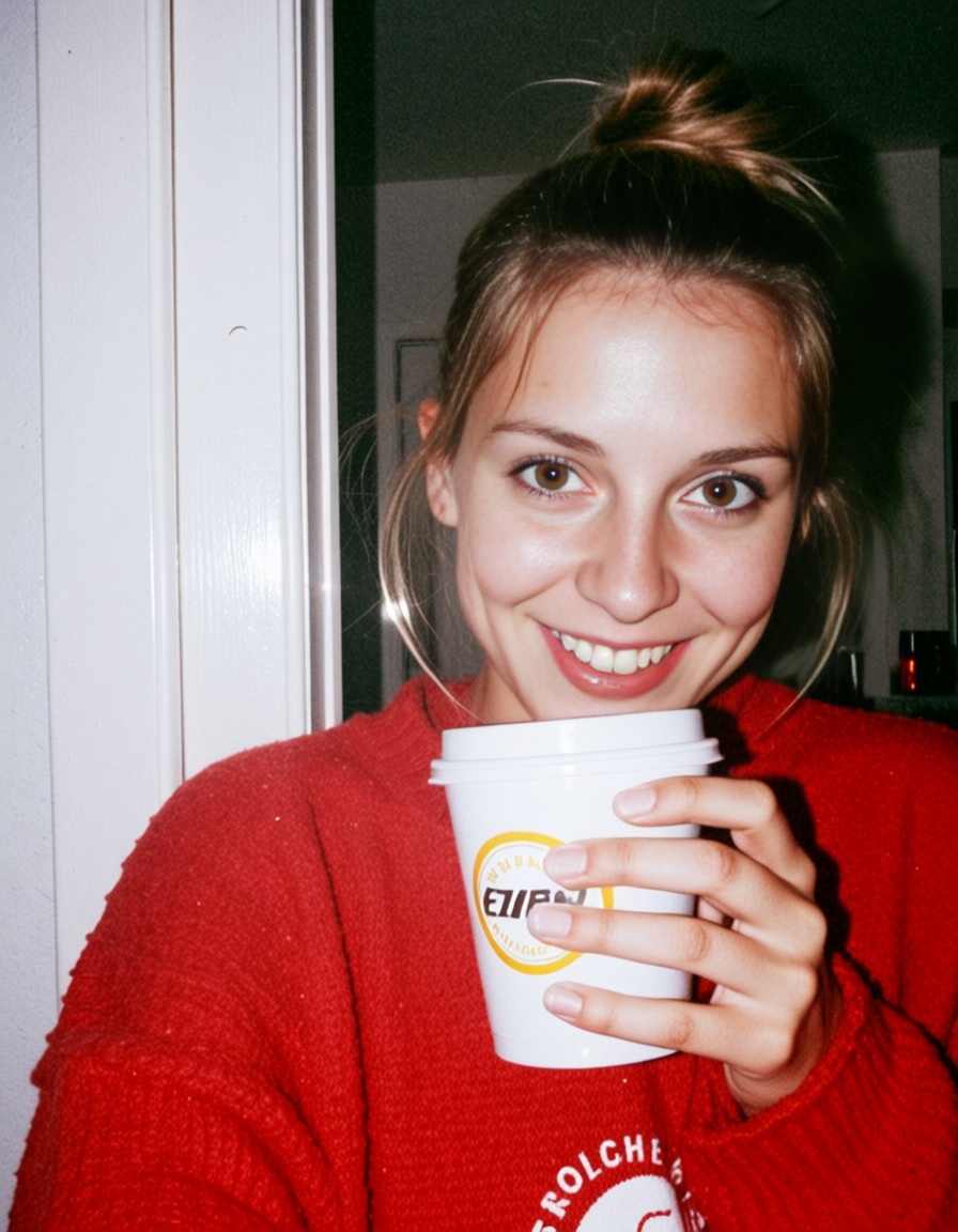 ehdigitalcamera2,  girl smiling in cozy oversized sweater,  messy bun on Tensor.Art