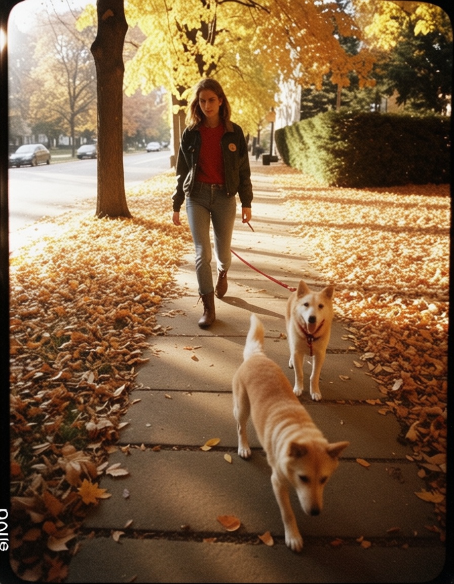 ehdigitalcamera,  girl walking dog in autumn park,  leaves falling on Tensor.Art