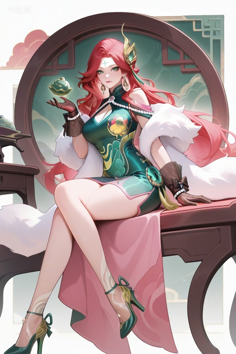 
1girl,fmly,solo,red-pink long hair,green eyes,eyeshadow,long hair,makeup,facial mark,forehead mark,jewelry,earrings,hair ornament,breasts,cleavage,dress,green dress,china dress,clothing cutout,cleavage cutout,white fur shawl,waist pendant,tassel,see-through ribbon,black gloves,see-through gloves,bow gloves,pearl bracelet,pearl,ornate high heels,gold trim high heels,foot decoration,bare legs