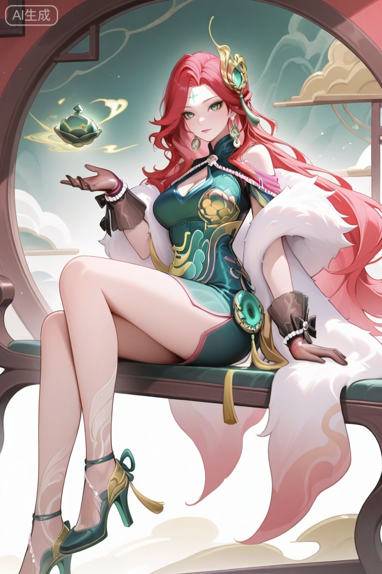 fmly ,1girl,solo,red-pink long hair,green eyes,eyeshadow,long hair,forehead mark,jewelry,earrings,hair ornament,breasts,cleavage,green dress,chinese clothes,clothing cutout,cleavage cutout,white fur shawl,waist pendant,tassel,see-through ribbon,black gloves,see-through gloves,bow gloves,pearl bracelet,pearl,gold trim high heels,Jade high heels,leg decoration,bare legs,underwear