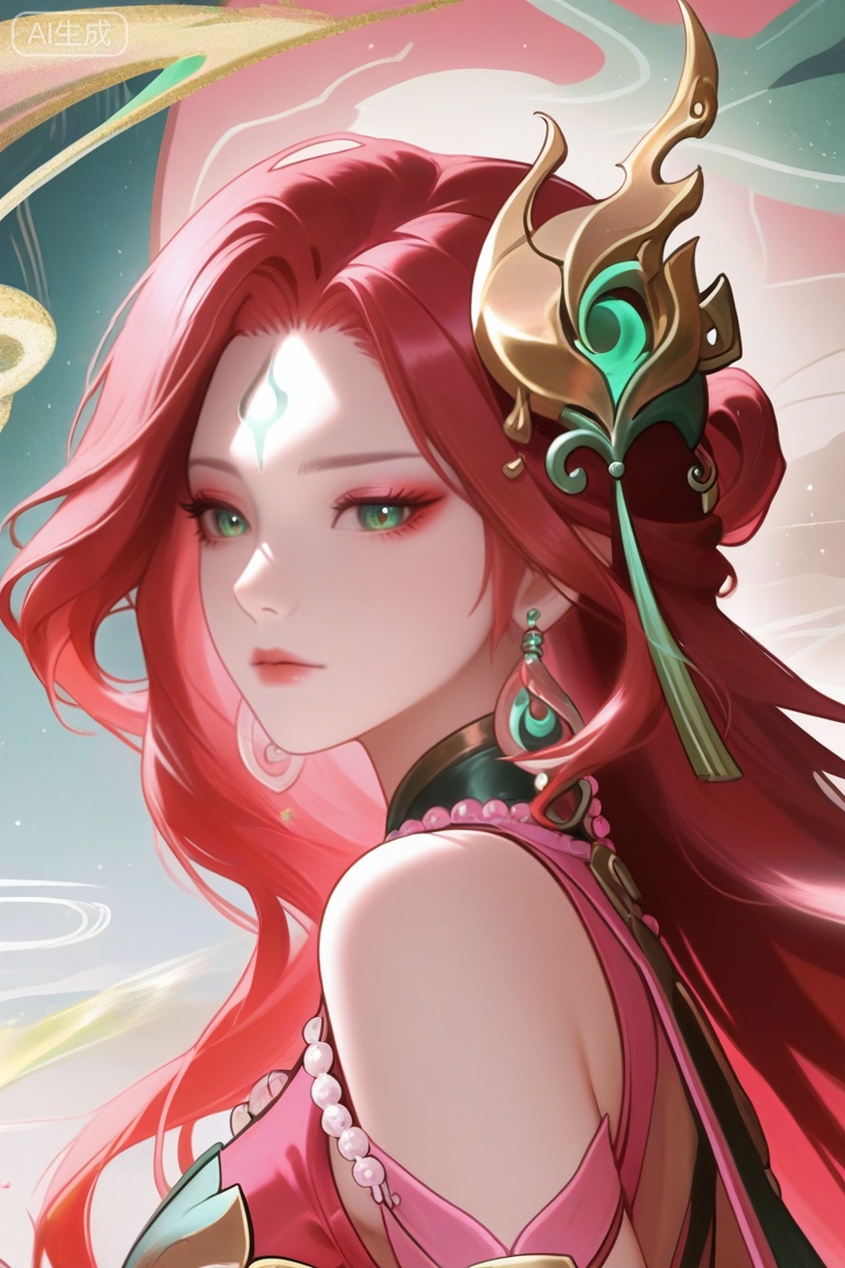 
fmly ,1girl,solo,red-pink long hair,green eyes,eyeshadow,long hair,forehead mark,jewelry,earrings,hair ornament,