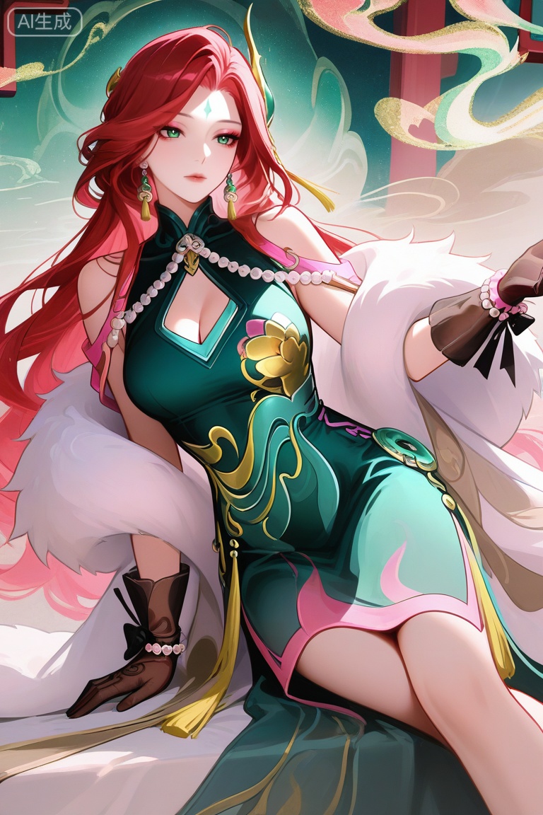
fmly ,1girl,solo,red-pink long hair,green eyes,eyeshadow,long hair,forehead mark,jewelry,earrings,hair ornament,breasts,cleavage,green dress,chinese clothes,clothing cutout,cleavage cutout,white fur shawl,waist pendant,tassel,see-through ribbon,black gloves,see-through gloves,bow gloves,pearl bracelet,pearl,gold trim high heels,Jade high heels,leg decoration