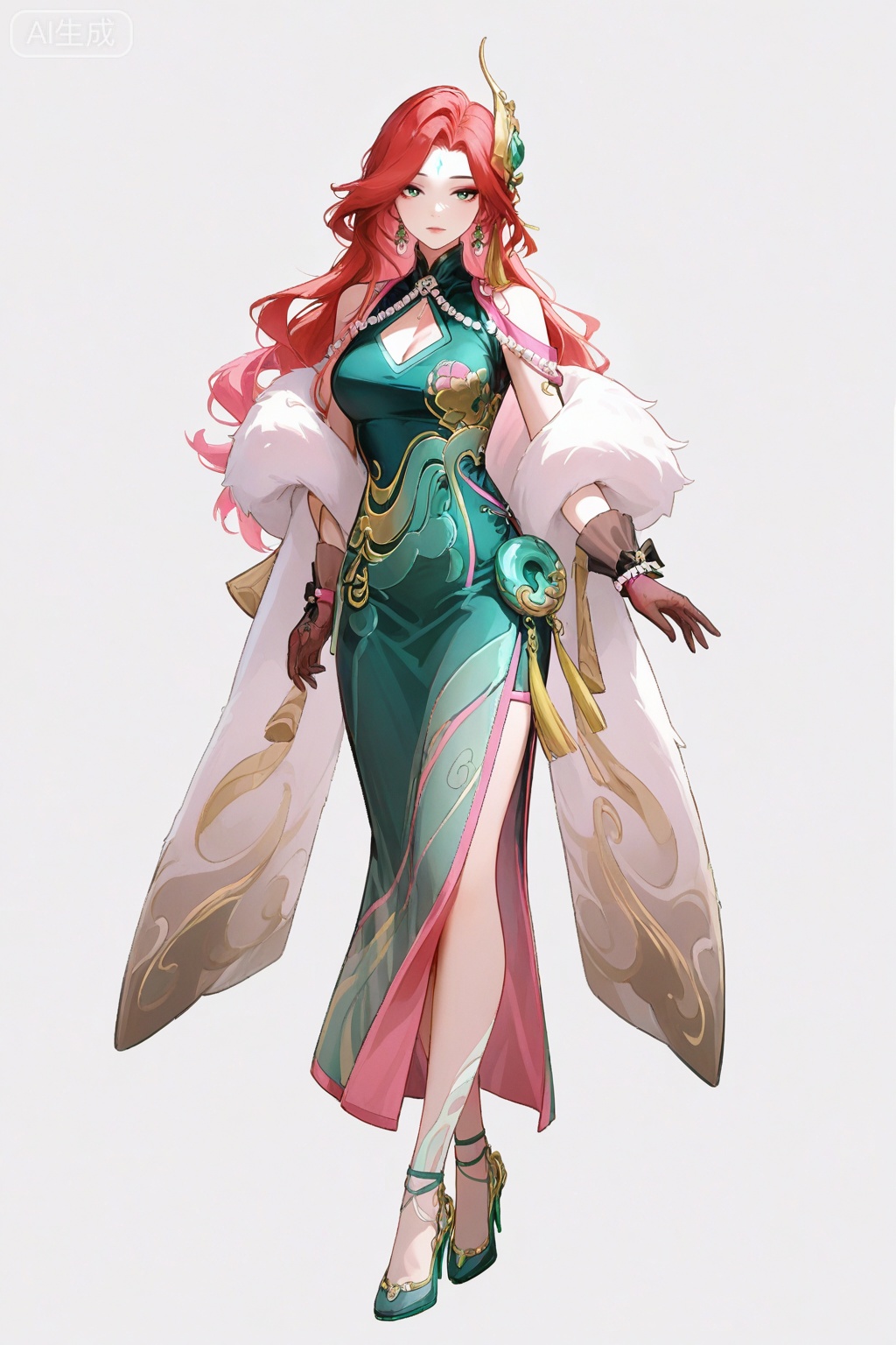 fmly ,1girl,solo,red-pink long hair,green eyes,eyeshadow,long hair,forehead mark,jewelry,earrings,hair ornament,breasts,cleavage,green dress,chinese clothes,clothing cutout,cleavage cutout,white fur shawl,waist pendant,tassel,see-through ribbon,black gloves,see-through gloves,bow gloves,pearl bracelet,pearl,gold trim high heels,Jade high heels,leg decoration,underwear,simple background,white background,full body