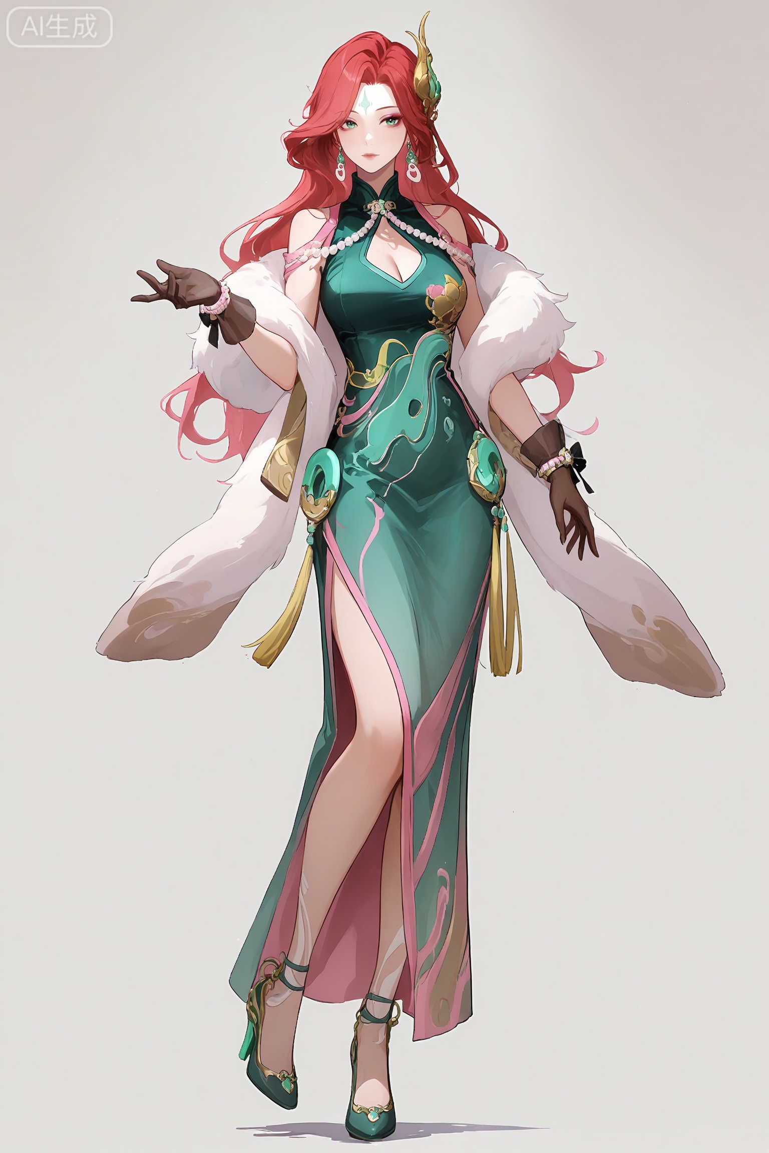 fmly ,1girl,solo,red-pink long hair,green eyes,eyeshadow,long hair,forehead mark,jewelry,earrings,hair ornament,breasts,cleavage,green dress,chinese clothes,clothing cutout,cleavage cutout,white fur shawl,waist pendant,tassel,see-through ribbon,black gloves,see-through gloves,bow gloves,pearl bracelet,pearl,gold trim high heels,Jade high heels,leg decoration,underwear,simple background,white background,full body