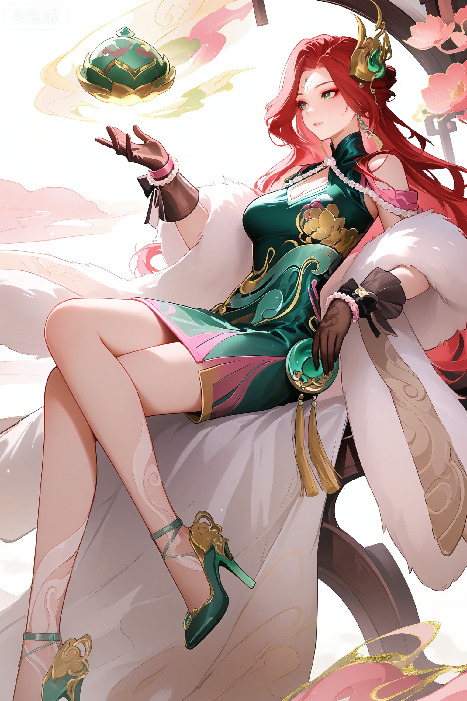 fmly ,1girl,solo,red-pink long hair,green eyes,eyeshadow,long hair,forehead mark,jewelry,earrings,hair ornament,breasts,cleavage,green dress,chinese clothes,clothing cutout,cleavage cutout,white fur shawl,waist pendant,tassel,see-through ribbon,black gloves,see-through gloves,bow gloves,pearl bracelet,pearl,gold trim high heels,Jade high heels,leg decoration,underwear,simple background,white background,full body