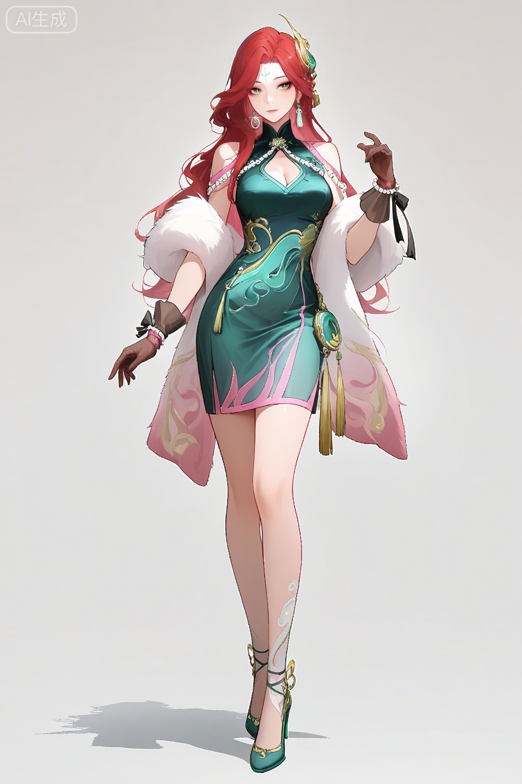 fmly ,1girl,solo,red-pink long hair,green eyes,eyeshadow,long hair,forehead mark,jewelry,earrings,hair ornament,breasts,cleavage,green dress,chinese clothes,clothing cutout,cleavage cutout,white fur shawl,waist pendant,tassel,see-through ribbon,black gloves,see-through gloves,bow gloves,pearl bracelet,pearl,gold trim high heels,Jade high heels,leg decoration,underwear,simple background,white background,full body