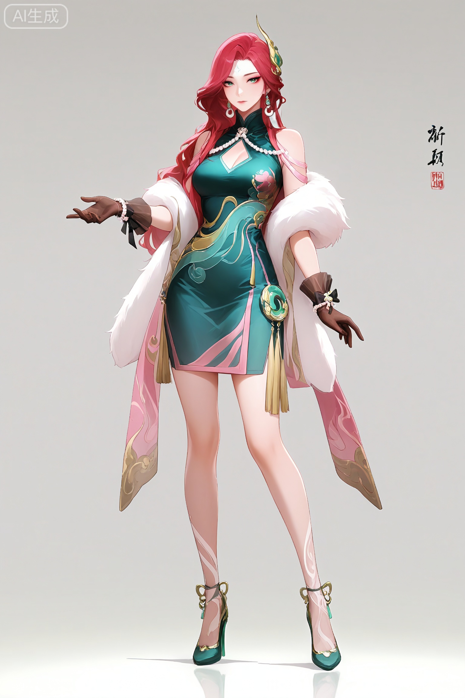 fmly ,1girl,solo,red-pink long hair,green eyes,eyeshadow,long hair,forehead mark,jewelry,earrings,hair ornament,breasts,cleavage,green dress,chinese clothes,clothing cutout,cleavage cutout,white fur shawl,waist pendant,tassel,see-through ribbon,black gloves,see-through gloves,bow gloves,pearl bracelet,pearl,gold trim high heels,Jade high heels,leg decoration,underwear,simple background,white background,full body