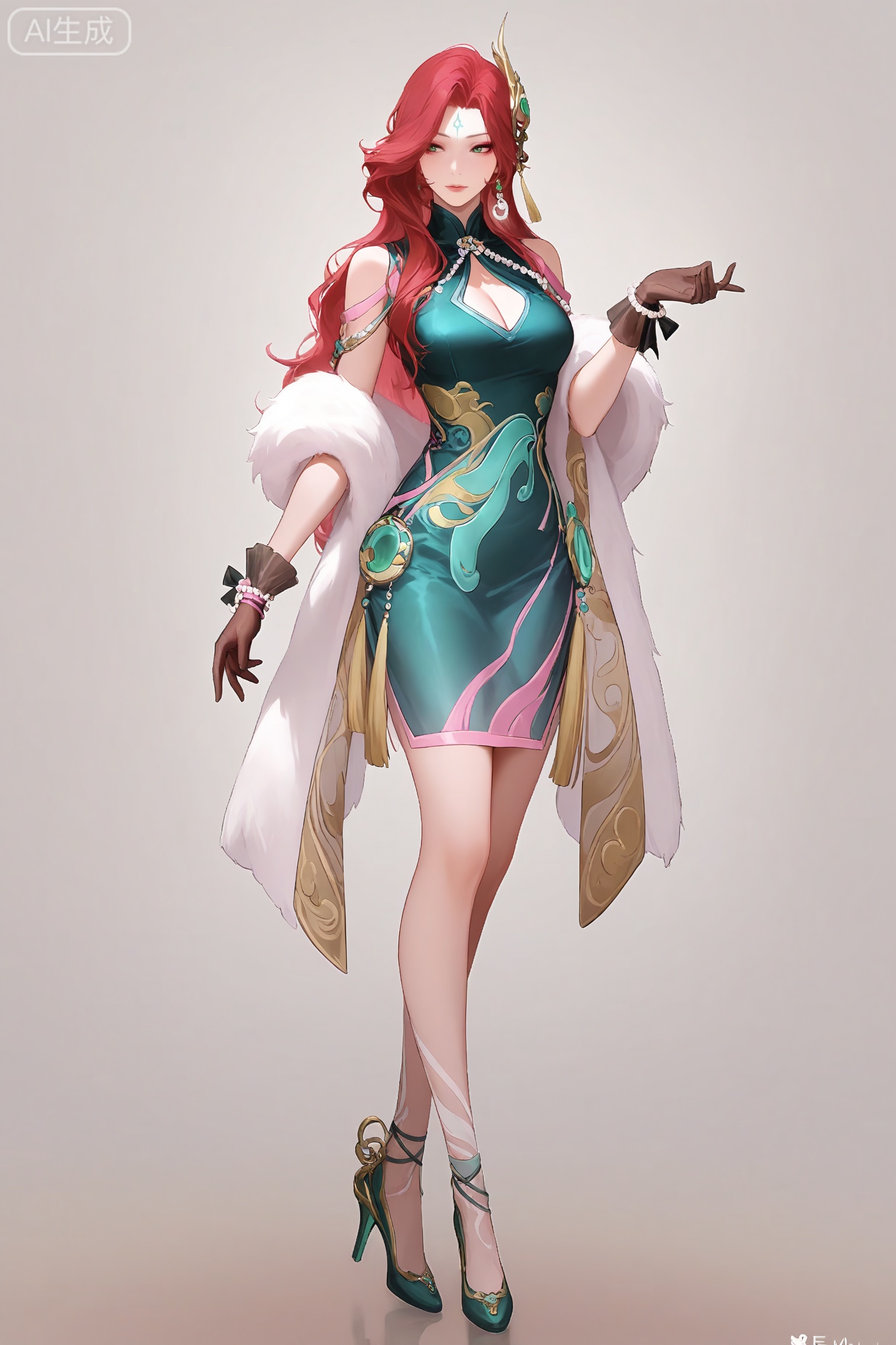 fmly ,1girl,solo,red-pink long hair,green eyes,eyeshadow,long hair,forehead mark,jewelry,earrings,hair ornament,breasts,cleavage,green dress,chinese clothes,clothing cutout,cleavage cutout,white fur shawl,waist pendant,tassel,see-through ribbon,black gloves,see-through gloves,bow gloves,pearl bracelet,pearl,gold trim high heels,Jade high heels,leg decoration,underwear,simple background,white background,full body