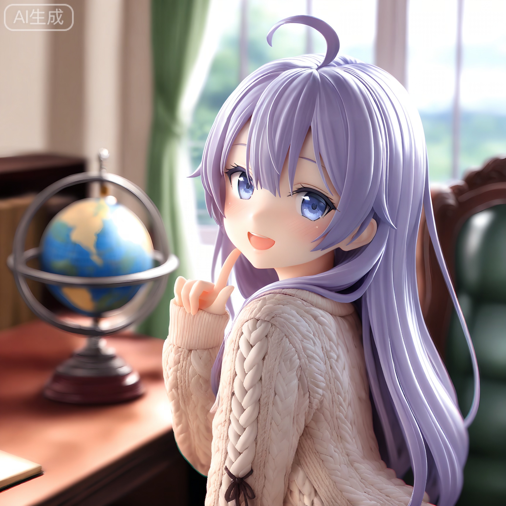masterpiece,absurdres,best quality,((petite)),high quality,chromatic_aberration,
//,
1girl,solo,blue eyes,ahoge,smile,sweater,long hair,globe,sleeves past wrists,cable knit,aran sweater,purple hair,blurry,open mouth,looking at viewer,hair between eyes,:d,window,blush,elaina (majo no tabitabi),blurry background,long sleeves,looking to the side,indoors,depth of field,teeth,unicorn (azur lane),upper body,index finger raised,upper teeth only,white sweater,finger to cheek,chair,from side,brown sweater,hand up,curtains,day,grey sweater,looking back,desk,