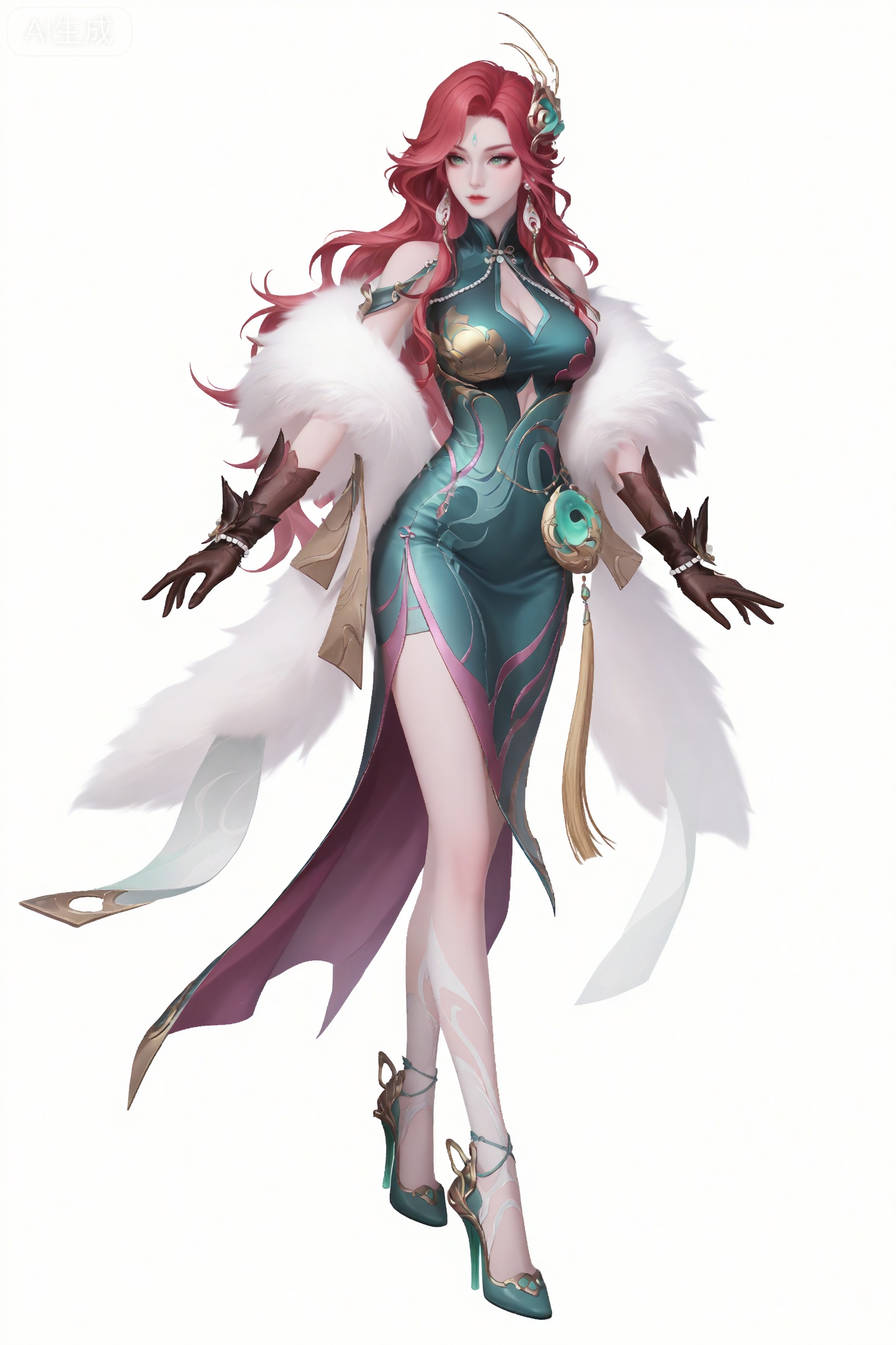 fmly ,1girl,solo,red-pink long hair,green eyes,eyeshadow,long hair,forehead mark,jewelry,earrings,hair ornament,breasts,cleavage,green dress,chinese clothes,clothing cutout,cleavage cutout,white fur shawl,waist pendant,tassel,see-through ribbon,black gloves,see-through gloves,bow gloves,pearl bracelet,pearl,gold trim high heels,Jade high heels,leg decoration,underwear,simple background,white background,full body