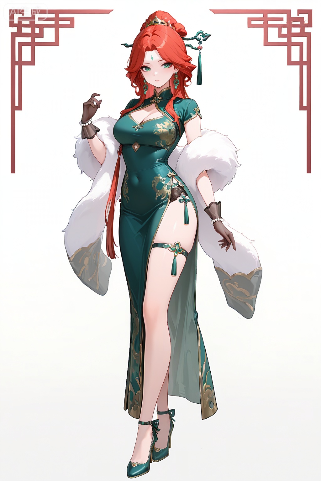 fmly ,1girl,solo,red-pink long hair,green eyes,eyeshadow,long hair,forehead mark,jewelry,earrings,hair ornament,breasts,cleavage,green dress,chinese clothes,clothing cutout,cleavage cutout,white fur shawl,waist pendant,tassel,see-through ribbon,black gloves,see-through gloves,bow gloves,pearl bracelet,pearl,gold trim high heels,Jade high heels,leg decoration,underwear,simple background,white background,full body