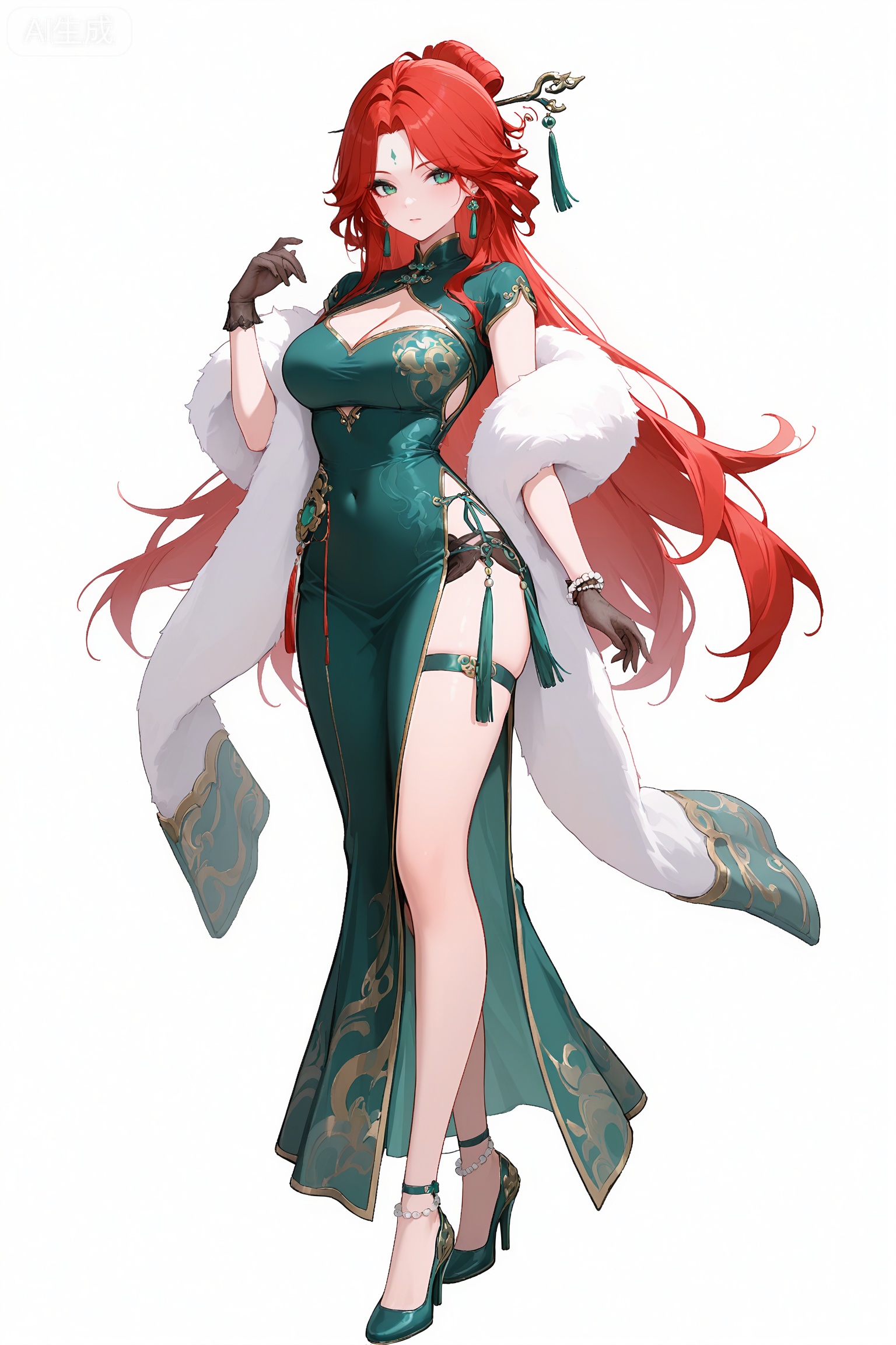 fmly ,1girl,solo,red-pink long hair,green eyes,eyeshadow,long hair,forehead mark,jewelry,earrings,hair ornament,breasts,cleavage,green dress,chinese clothes,clothing cutout,cleavage cutout,white fur shawl,waist pendant,tassel,see-through ribbon,black gloves,see-through gloves,bow gloves,pearl bracelet,pearl,gold trim high heels,Jade high heels,leg decoration,underwear,simple background,white background,full body