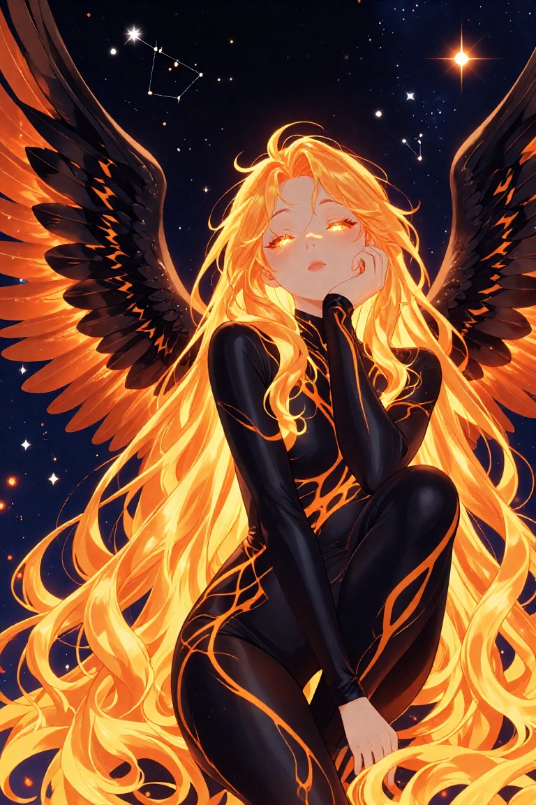A breathtakingly beautiful woman with long,  flowing golden-orange hair that glows like molten fire,  cascading around her...