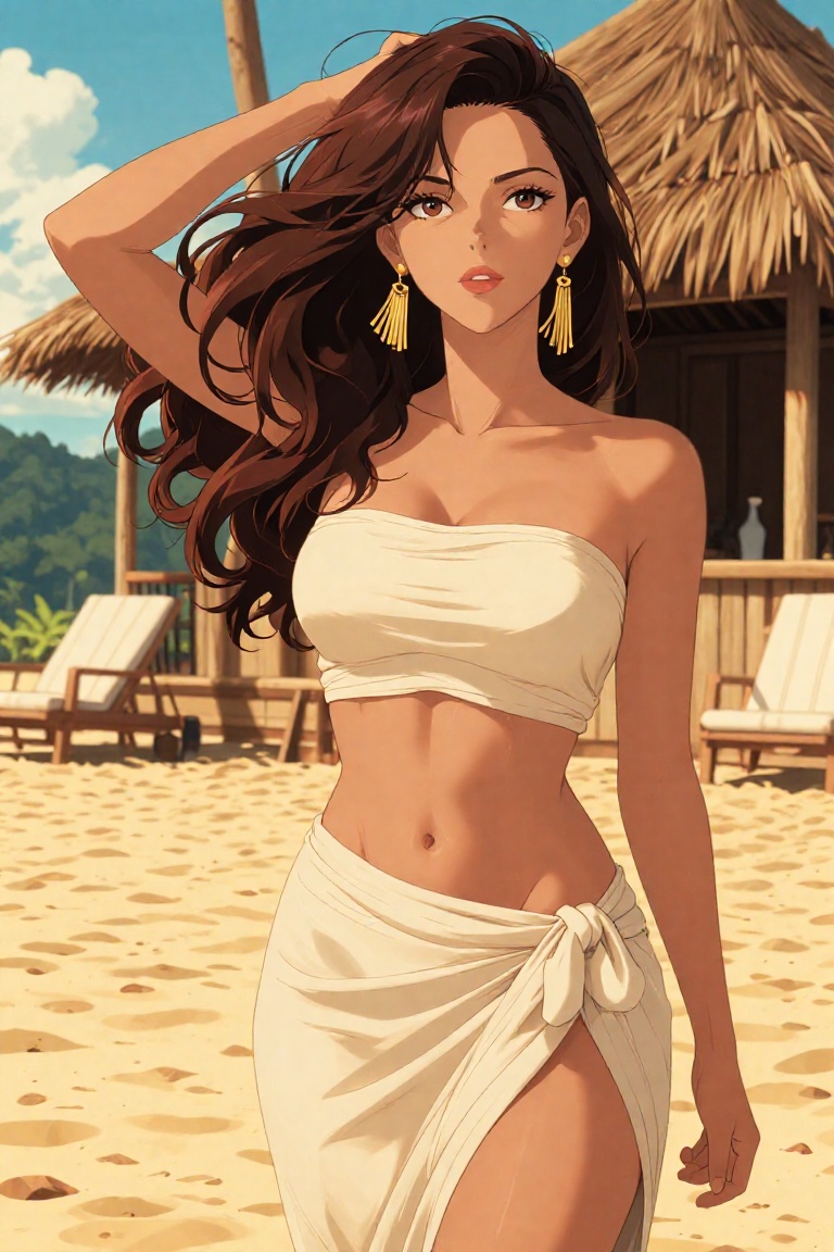 A stunningly beautiful young woman standing confidently on a sandy beach at golden hour,  her long,  wavy brown hair blowi...