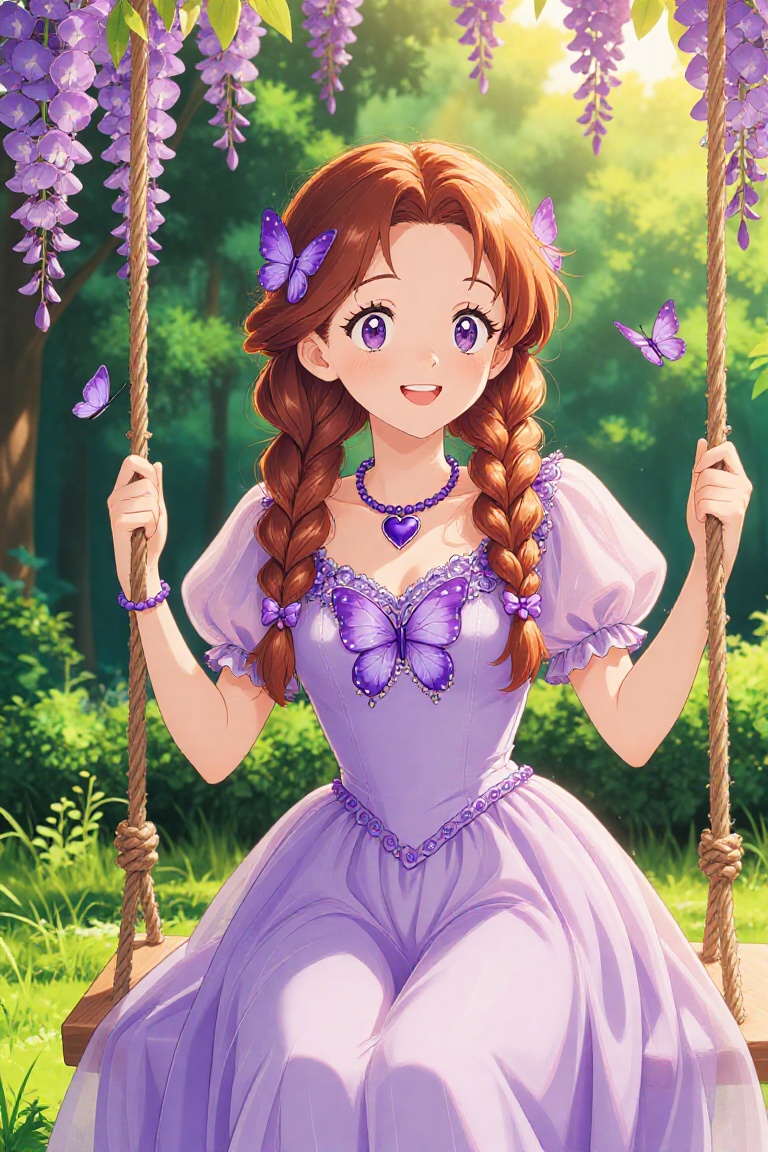 A breathtakingly beautiful young woman sitting gracefully on a rustic rope swing nestled among blooming purple wisteria vi...