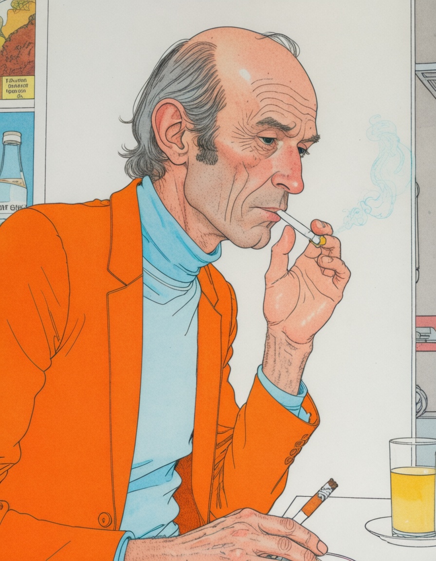 ehmoebius2,  man smoking cigarrete in cafeteria on Tensor.Art