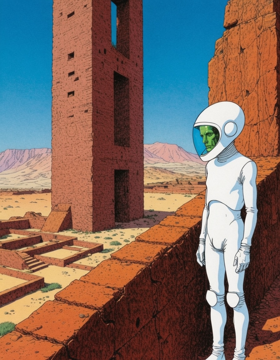 ehmoebius,  inca alien ruins,  explorer in white suit on Tensor.Art