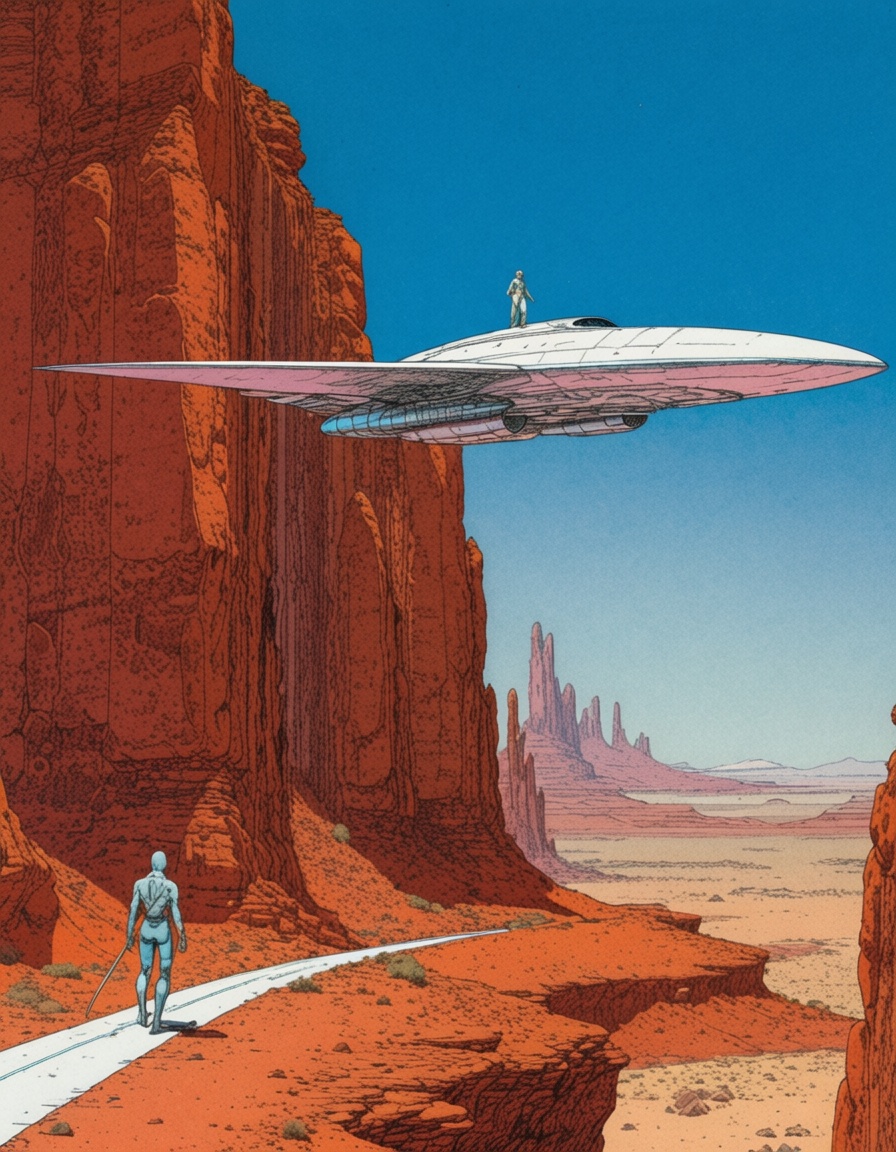 ehmoebius,  lone arzak riding giant bird over red desert,  crystal spaceship in background on Tensor.Art