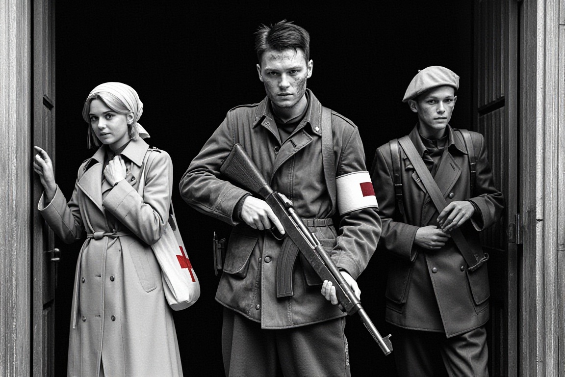 Graphic novel style,  black and white comic book aesthetics. A platoon of insurgents standing in a dark tenement gate. In...