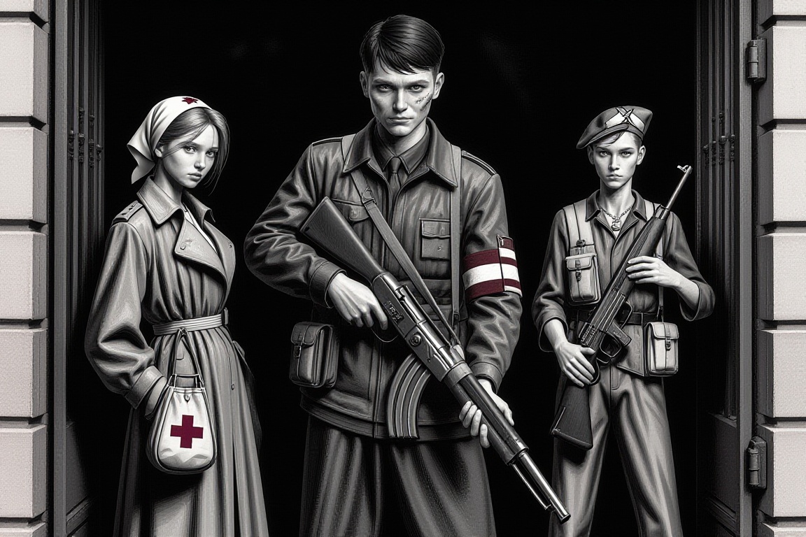 Graphic novel style,  black and white comic book aesthetics. A platoon of insurgents standing in a dark tenement gate. In...