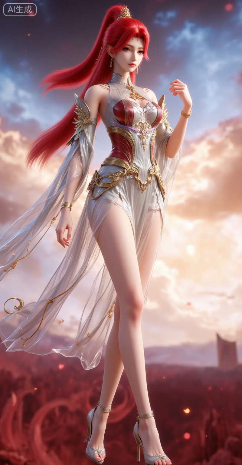 huoyuner,lvjing,lvjing,
huoyuner, 1girl, red hair, solo, dress, long hair, full body, bare shoulders, hair ornament, white dress, ponytail, high heels, detached sleeves, bare legs, sky, forehead mark