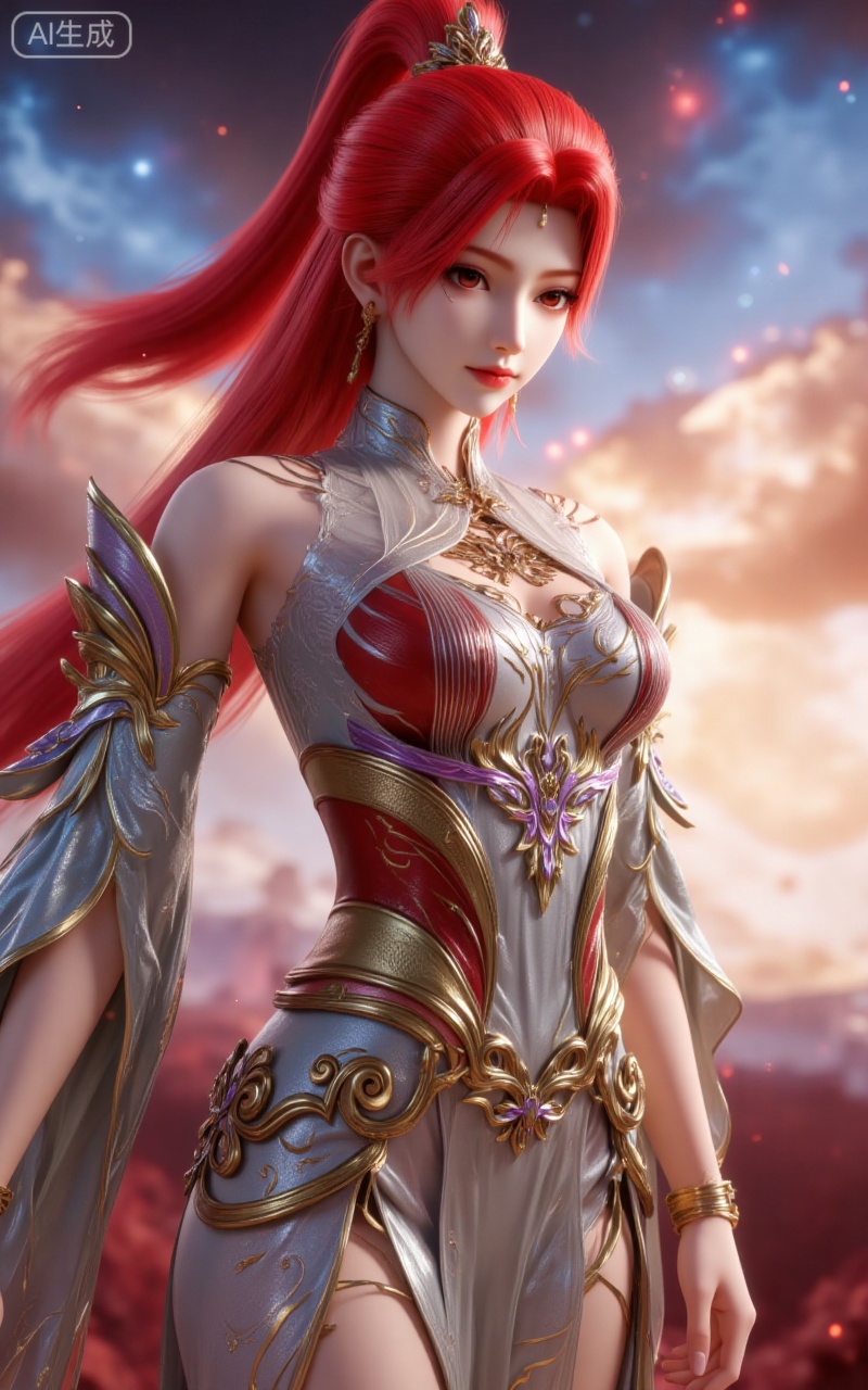 huoyuner,lvjing,lvjing,
huoyuner, 1girl, red hair, solo, long hair, jewelry, red eyes, detached sleeves, ponytail, forehead mark, earrings, bare shoulders, dress, bracelet, facial mark, hair ornament, sky