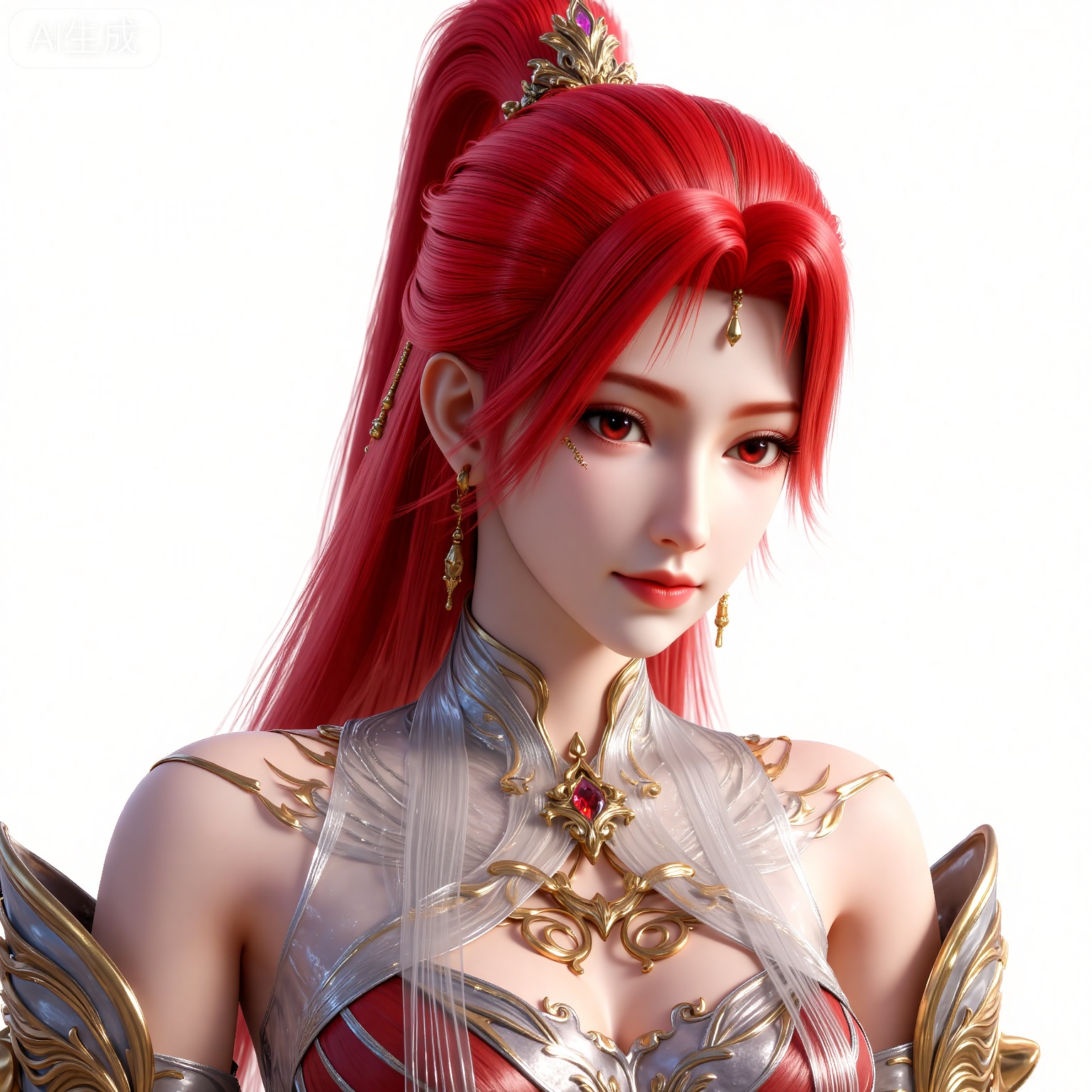 huoyuner,lvjing,lvjing,
huoyuner,1girl,red hair,solo,jewelry,armor,long hair,hair ornament,earrings,red eyes,ponytail,shoulder armor,looking at viewer,closed mouth,(portrait:1.1),white_background,simple background,