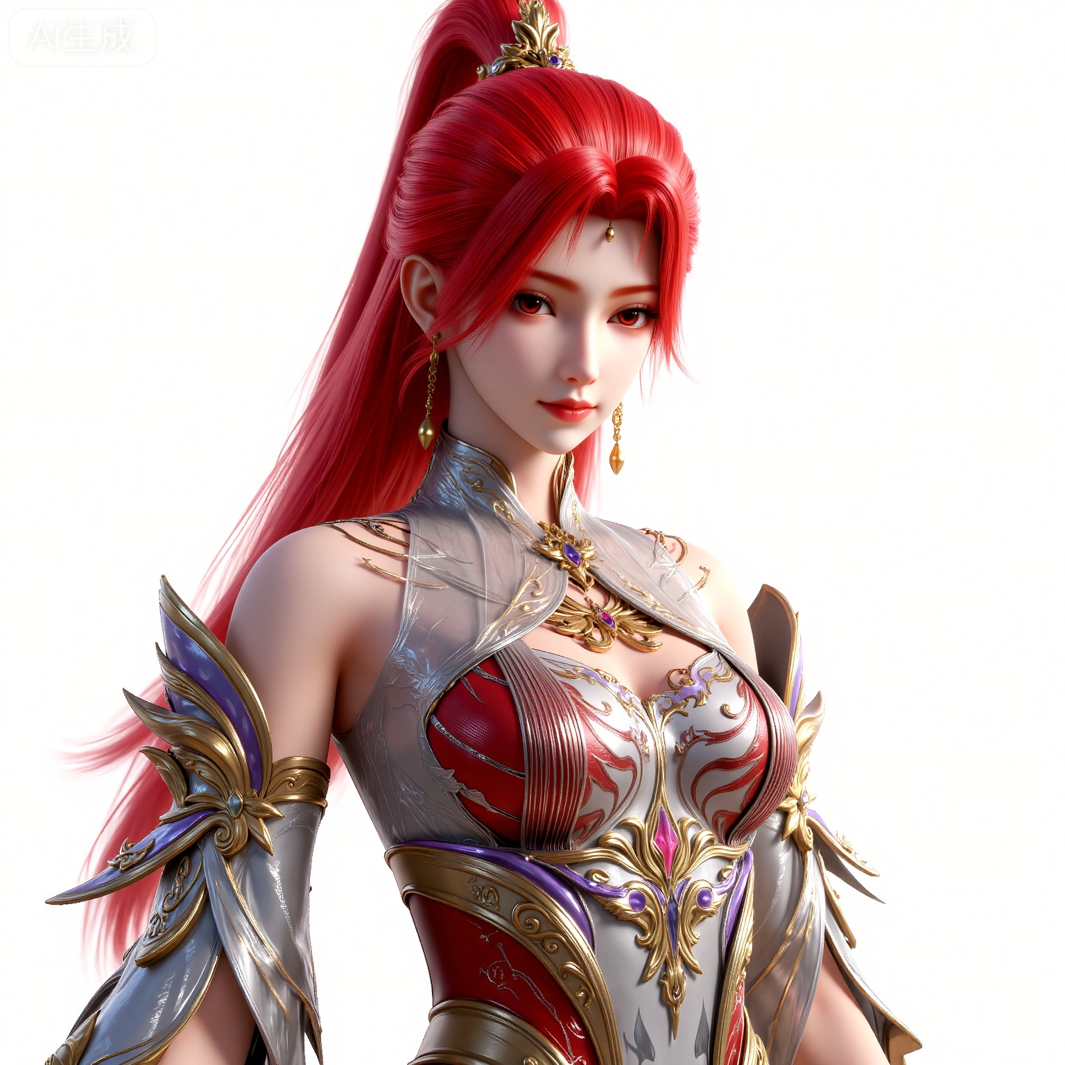 huoyuner,lvjing,lvjing,
huoyuner,1girl,red hair,solo,jewelry,armor,long hair,hair ornament,earrings,red eyes,ponytail,shoulder armor,looking at viewer,closed mouth,(portrait:1.1),white_background,simple background,