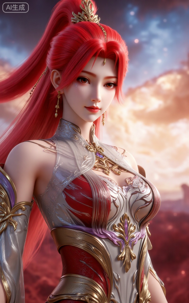 huoyuner,lvjing,lvjing,
huoyuner, 1girl, red hair, solo, long hair, jewelry, red eyes, detached sleeves, ponytail, forehead mark, earrings, bare shoulders, dress, bracelet, facial mark, hair ornament, sky