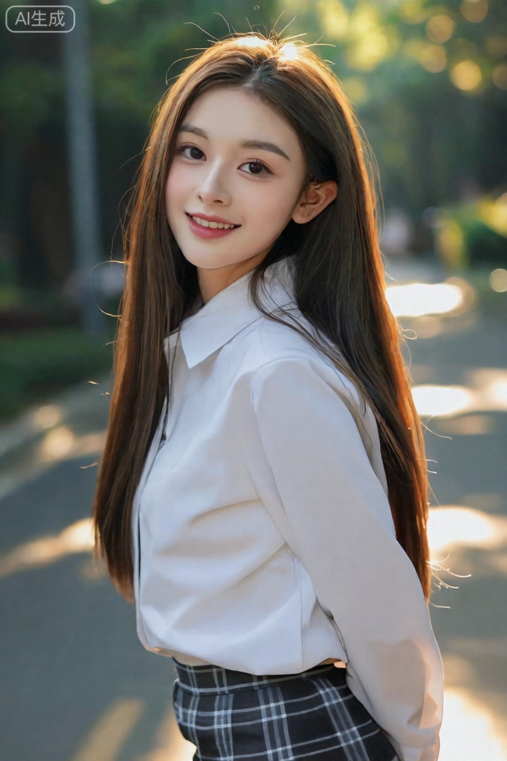 真人摄影,一位清纯的初恋学妹女友,在清晨的林荫道上回眸微笑,阳光透过树叶形成斑驳的光影,洒在她柔顺的长发和白皙的脸庞上,她穿着干净的白色衬衫和格纹短裙,眼神清澈充满活力,背景是模糊的绿色植物,突出人物主体,精致的壁纸风格,absurdres,细节锐利,皮肤纹理细腻,发丝分明,
镜头参数： Canon EOS R5,RF 85mm f/1.2L,光圈f/1.8,快门1/500s,ISO 100,,,依琳