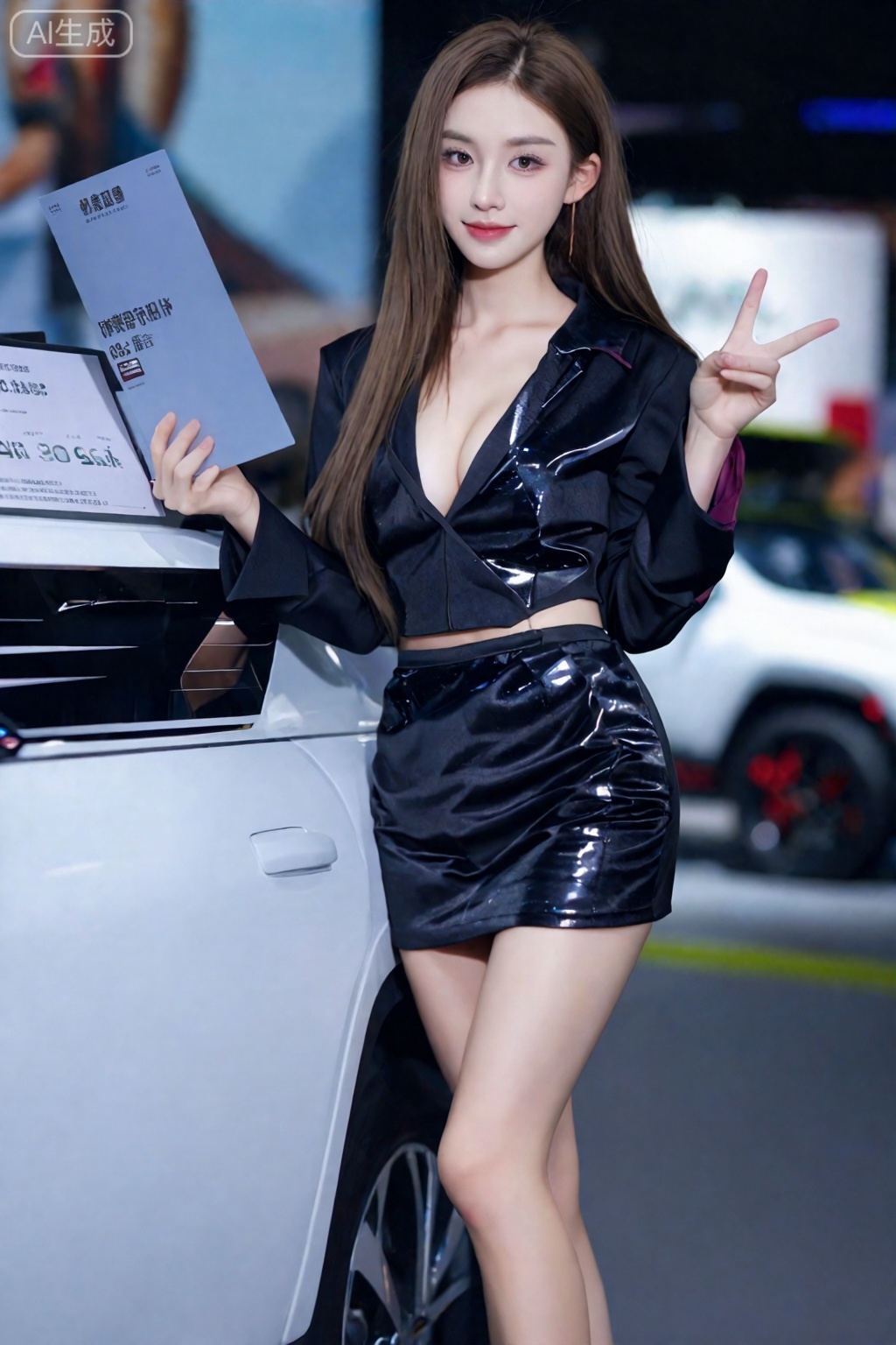 去AI 感真实美女秘书,皮肤雪白细腻似白玉,水润光滑有弹性。黑色亮片拼接职业套装,短款西装露平坦小腹,包臀短裙露修长美腿,低胸设计凸显巨大胸部。职业微笑得体自然,双眼看镜头,眼波流转带妩媚。场景：商务展厅,手持产品资料侧身讲解,背景是展台与灯光,光影衬得皮肤透亮,亮片反光、服装剪裁、身材曲线细节拉满,露腰露腿比例优越,视觉冲击强烈的壁纸风。,,依琳