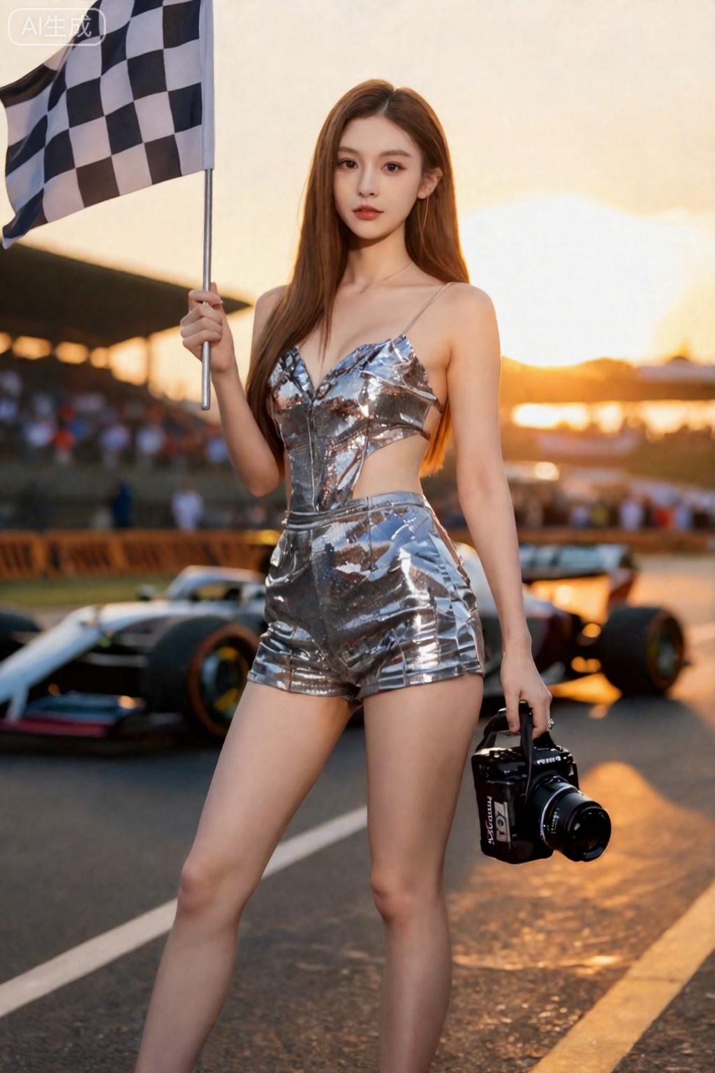 一位身材高挑匀称的美女,身着亮片修身赛车女郎服,手持方格旗。置身于F1赛道黄昏时分,暖金色夕阳斜照,背景是模糊的赛车光轨与观众看台。专业摄影,超高细节,皮肤纹理与服装光泽清晰可见。使用佳能EOS R5 相机,85mm f/1.2 镜头拍摄,焦外虚化如奶油般化开,营造电影感氛围。,,依琳