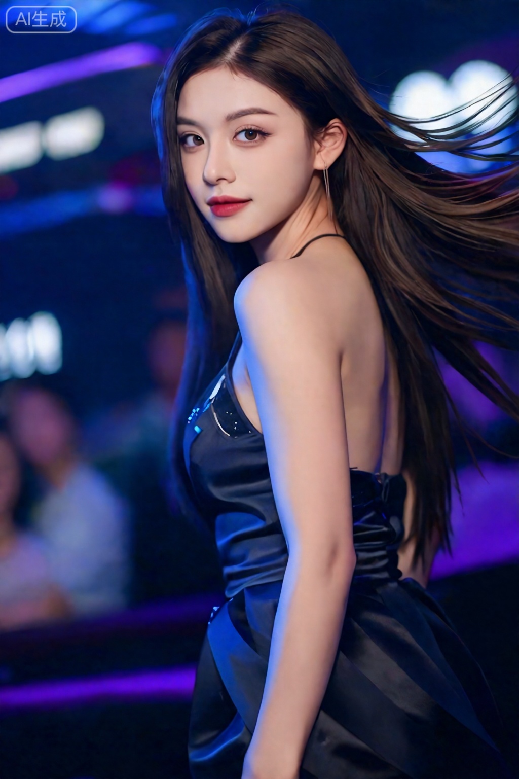 一位美丽的亚洲夜店交际花,置身于迷幻的蓝色与紫色霓虹灯光中,正回眸凝视镜头,眼神充满故事感,她身着带有亮片的黑色吊带裙,发丝被风吹起,背景是虚化的都市夜景与闪烁的灯光,摄影,照片级真实,人像模式,焦距85mm,光圈f/1.4,ISO 400,背景光斑如奶油般化开,极致细节,4K壁纸,电影感光影,,,依琳